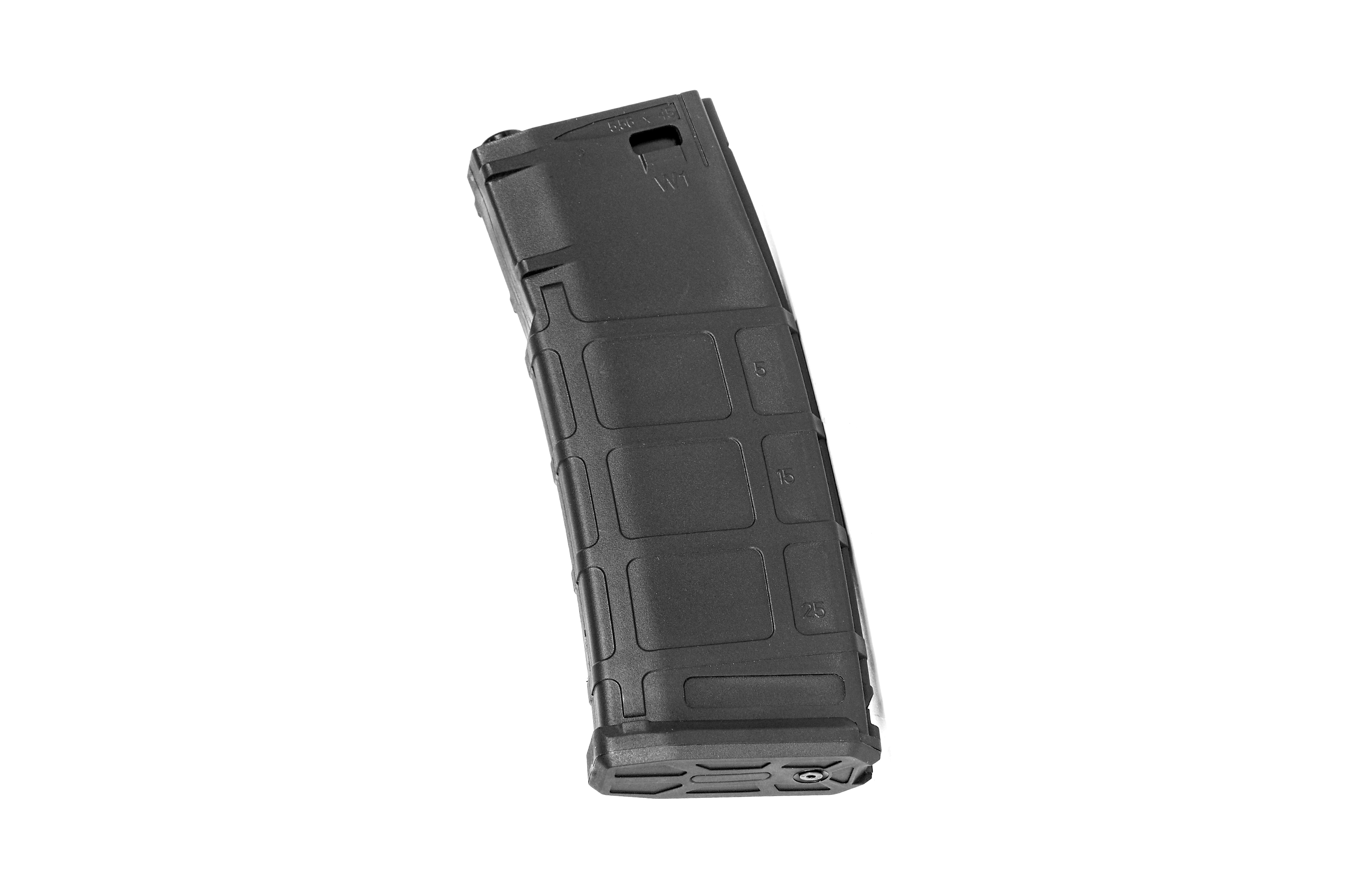 Schwarzes Polymermagazin für Airsoft-Gewehre mit strukturiertem Griff und Kapazitätsmarkierungen, isoliert auf weißem Hintergrund.