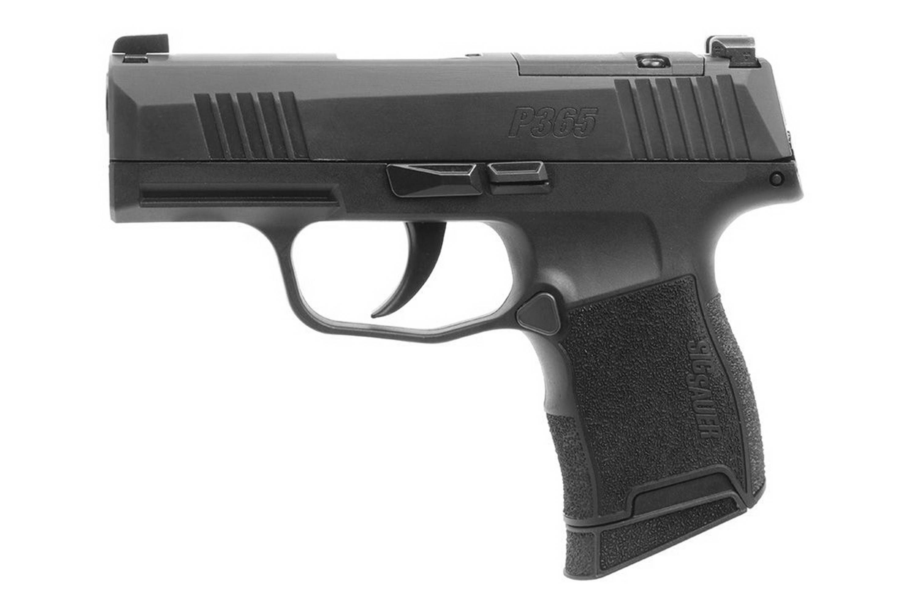 SIG Sauer P365 Luftpistole in Schwarz mit strukturiertem Griff und kompaktem Design für Schusswaffenliebhaber.