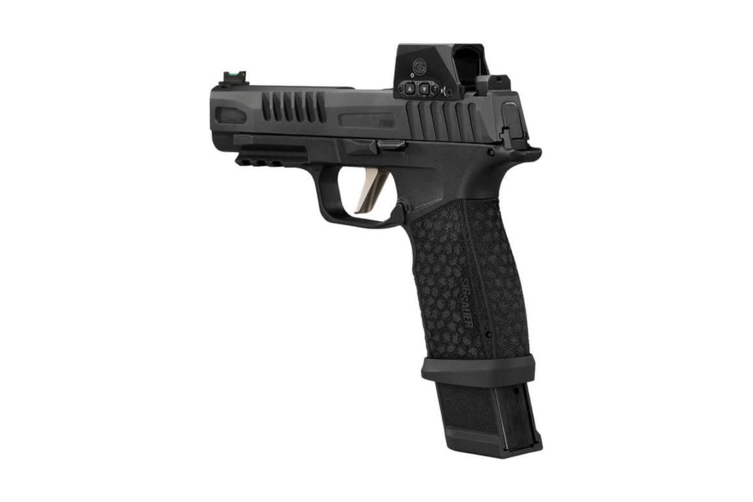 Schwarze Luftpistole mit strukturiertem Griff, taktischem Visier und Magazin. Ideal für Schusswaffenliebhaber.