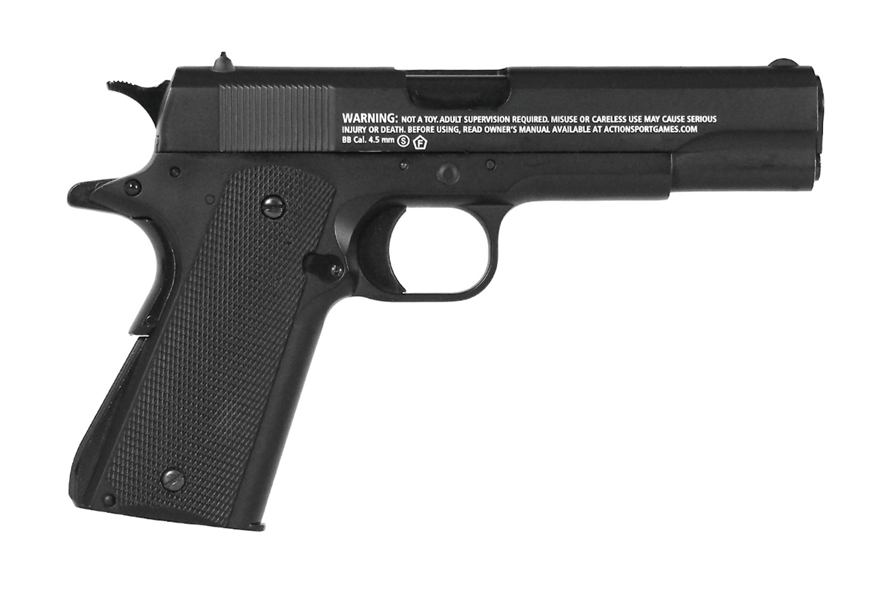 Schwarze Luftpistole mit strukturiertem Griff und Warnschild, ideal für Zielschießen und Training.