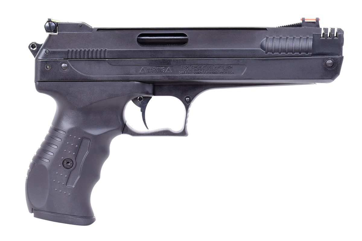 Schwarze Luftpistole von S&W Industries mit strukturiertem Griff, Glasfaservisier und Kompensator auf weißem Hintergrund.