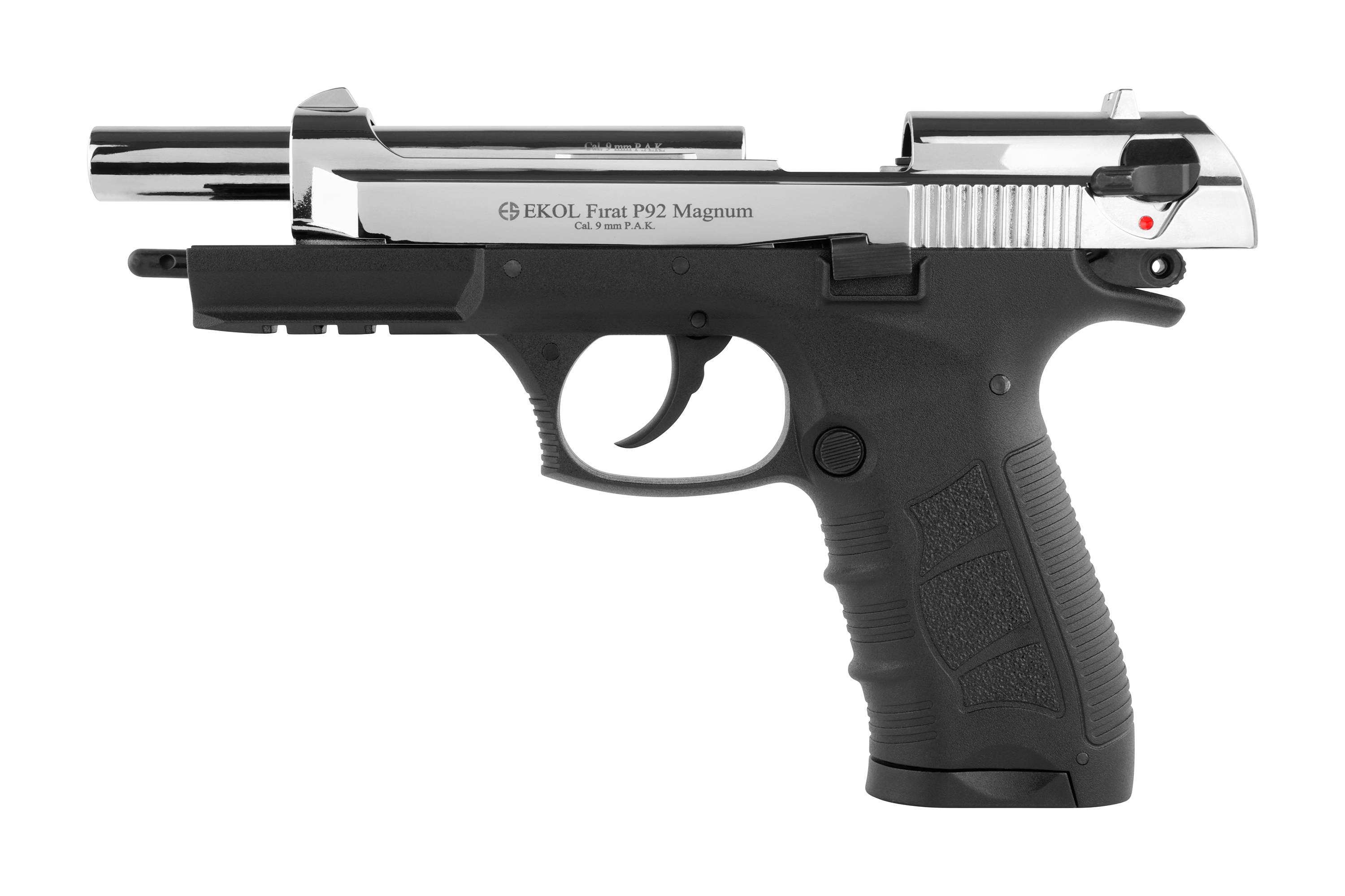 EKOL Firat P92 Magnum Luftpistole mit Chromschlitten und schwarzem Griff, ideal für Schusswaffenliebhaber.