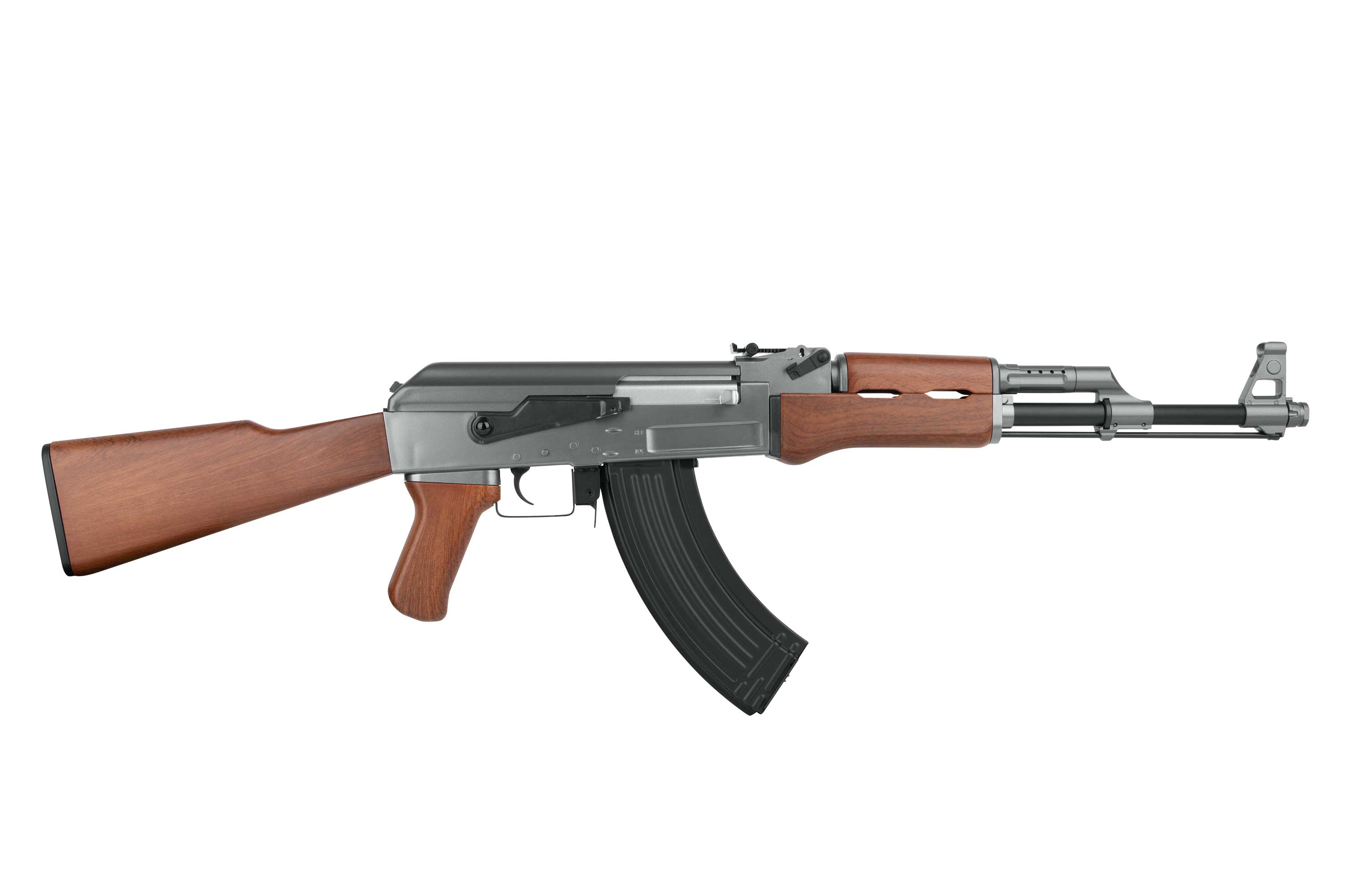 Klassisches AK-47-Luftgewehr mit realistischem Schaft, Griff und Handschutz in Holzoptik sowie einem Magazingehäuse aus schwarzem Metall.