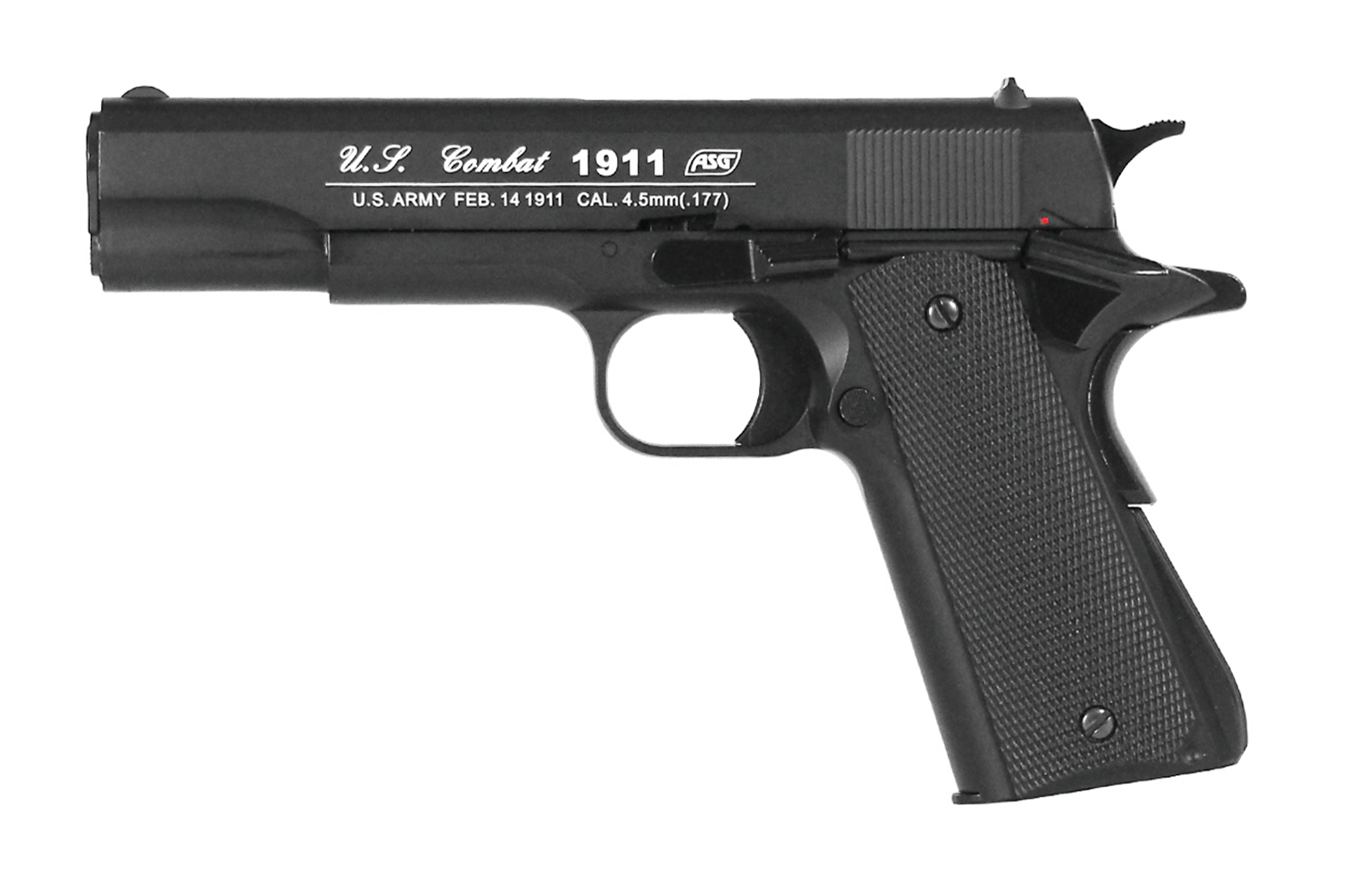 U.S. Combat 1911 Luftpistole in Schwarz mit strukturiertem Griff und detaillierten Markierungen.
