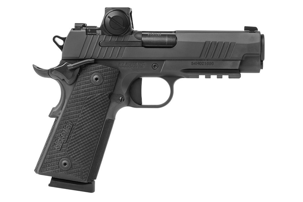 SIG Sauer P320 Luftpistole in Schwarz mit strukturiertem Griff und taktischer Schiene für Zubehör.