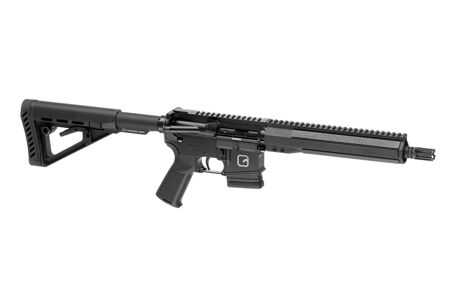 Luftgewehr von G&G Armament mit verstellbarem Schaft, schwarzem Finish und Schienensystem für Optik und Zubehör.