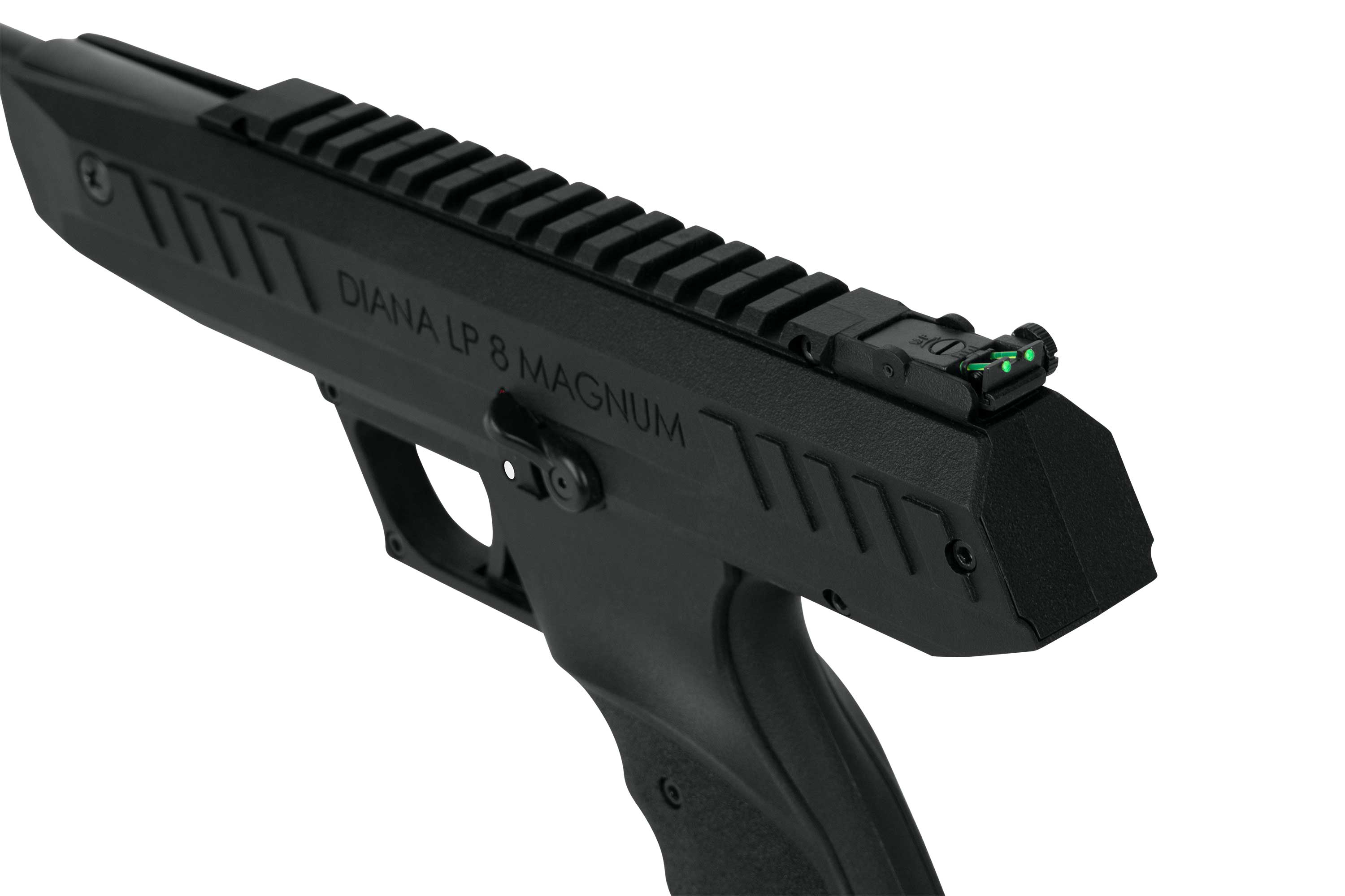 Nahaufnahme einer schwarzen Diana LP 8 Magnum-Luftpistole mit oberer Schiene, Glasfaser-Kimme und strukturiertem Griff.