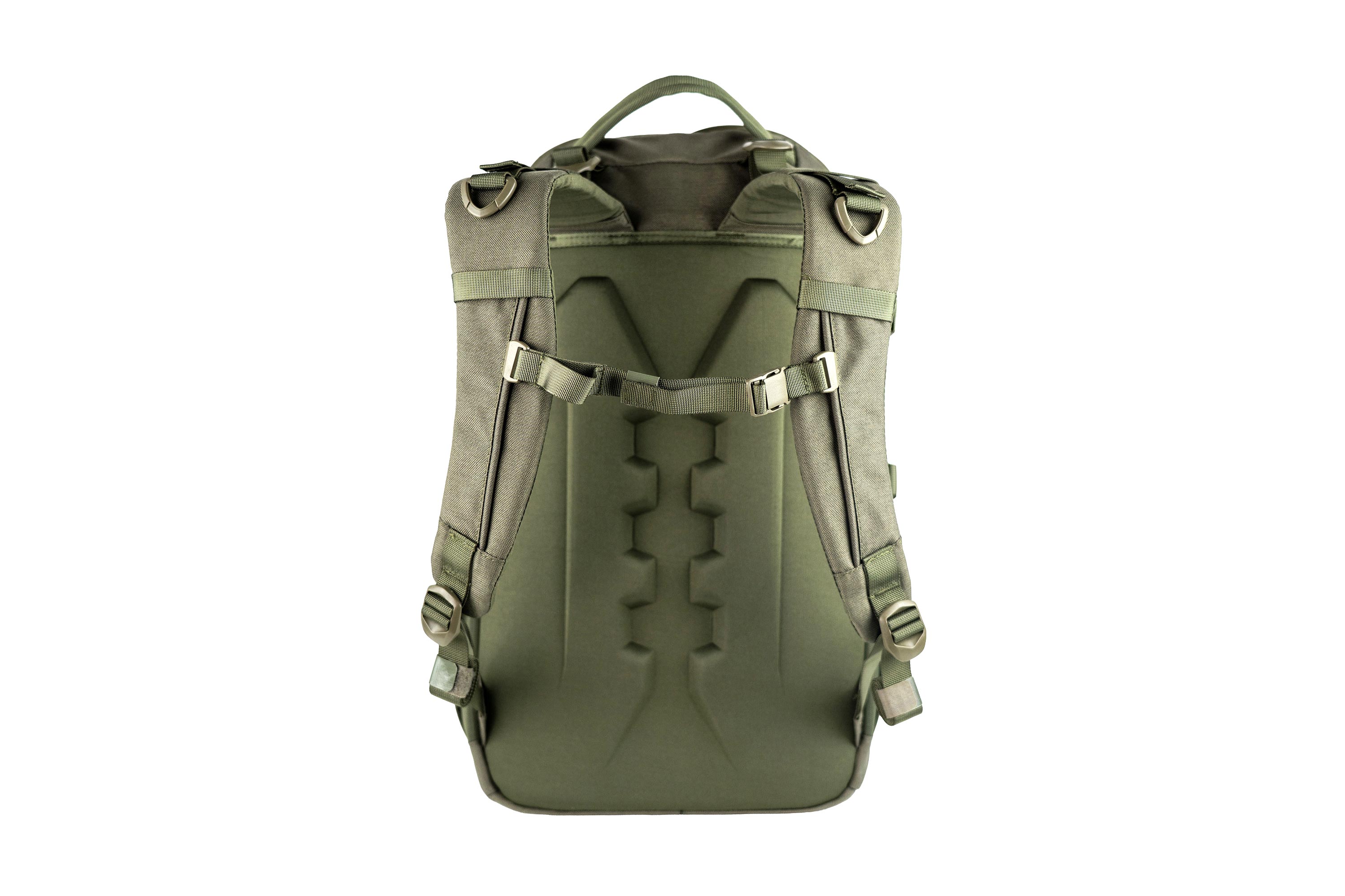 Rückansicht eines olivgrünen taktischen Rucksacks mit gepolsterten Schultergurten, Brustgurt und geformtem Rückenteil.