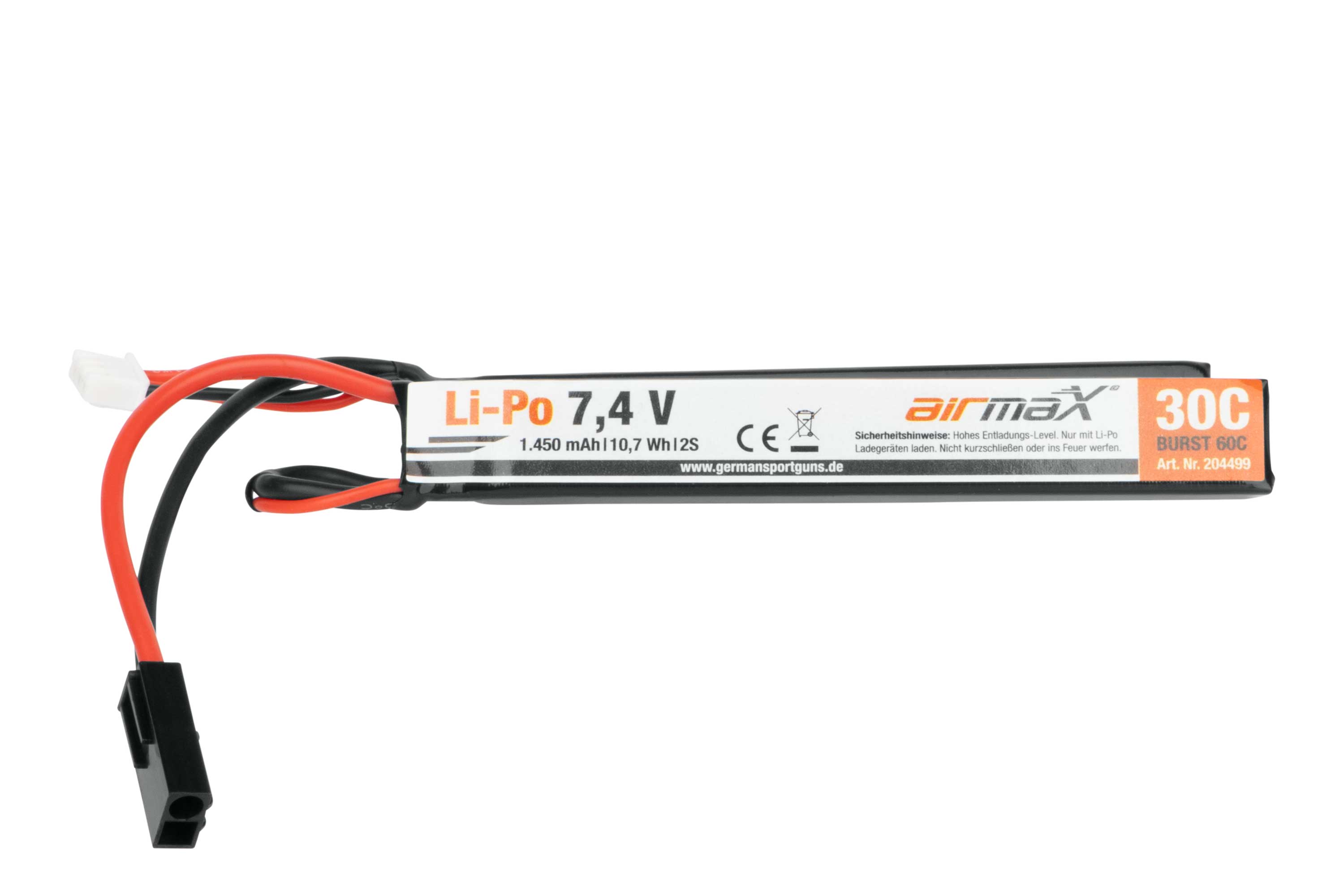 Airmax 7,4 V 1450 mAh Li-Po-Akku für Airsoft-Waffen mit 30 °C Entladerate und schwarzen und roten Anschlusskabeln.