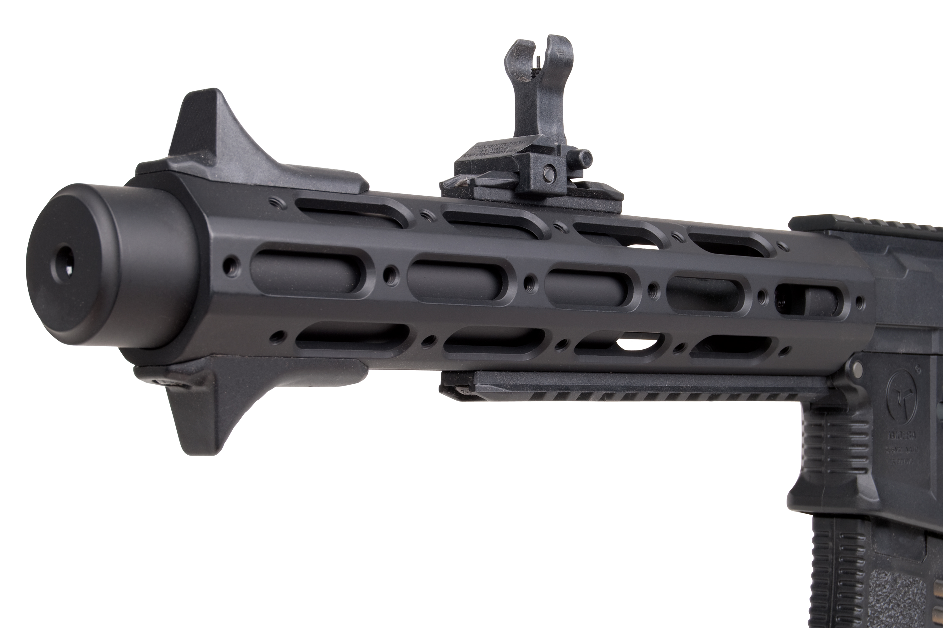 Schwarzer taktischer Luftgewehr-Handschutz mit integrierter Mündungsvorrichtung und hochklappbarem Visier zur individuellen Gestaltung der Schusswaffe.