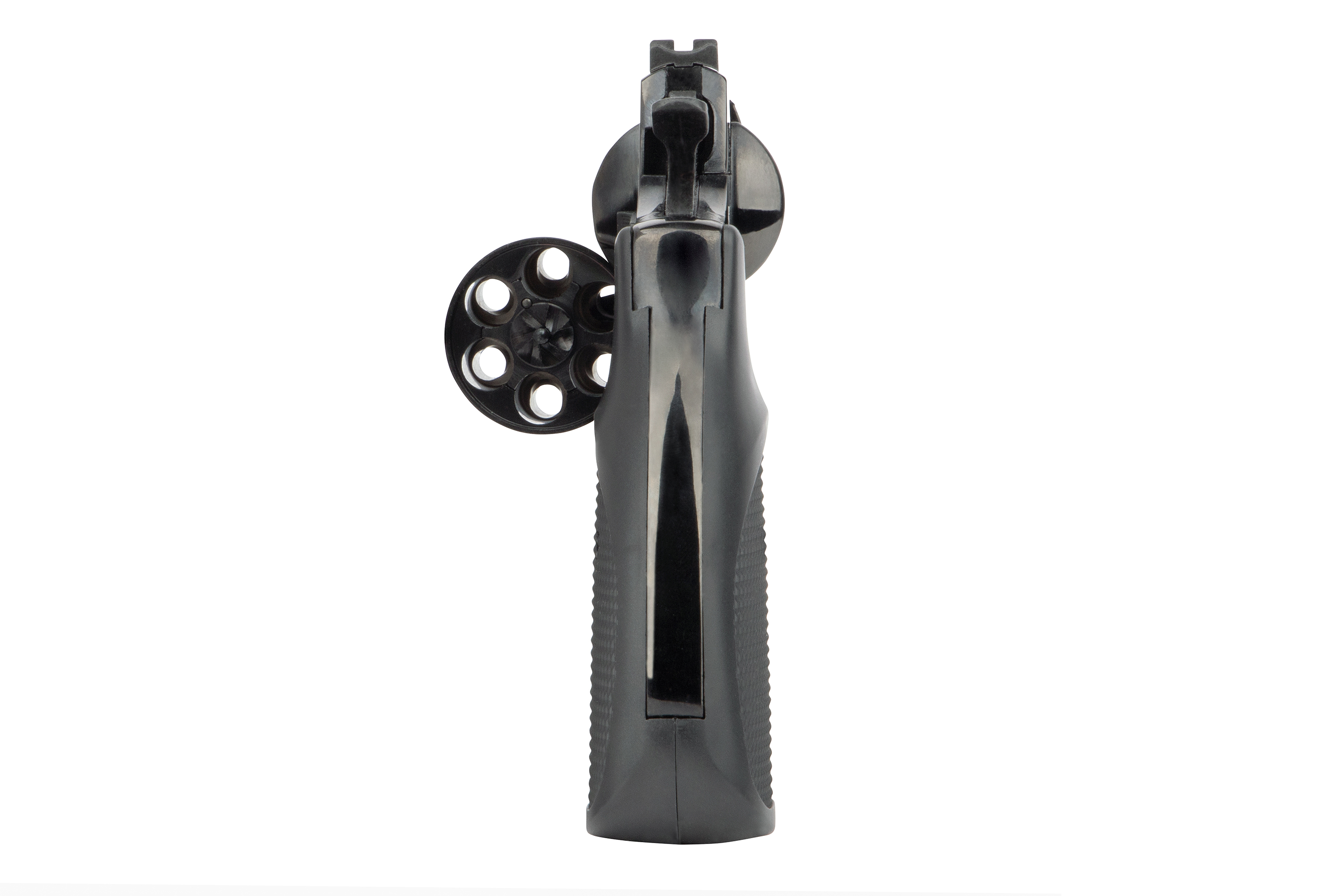 Schwarze Luftpistole mit Zylinder im Revolver-Stil und strukturiertem Griff für bessere Handhabung.