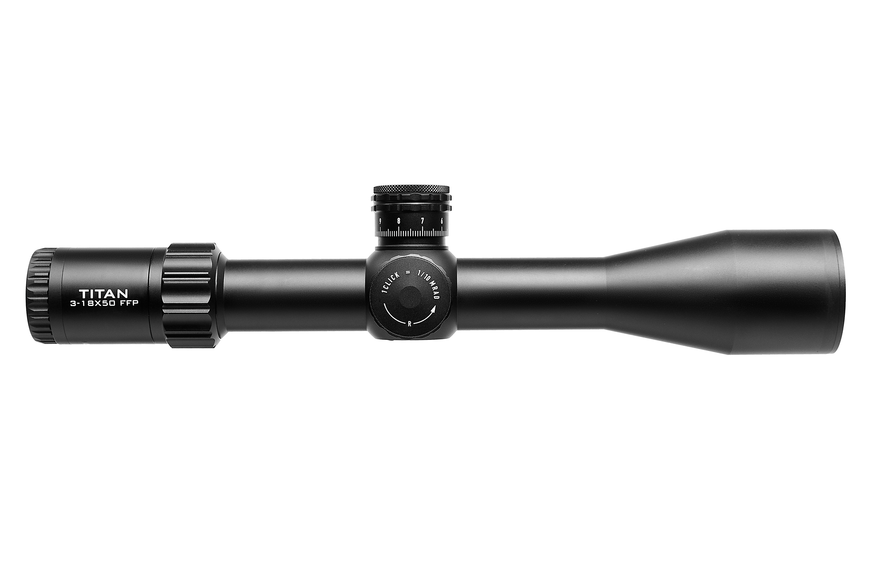 Titan 3-18x50 FFP-Zielfernrohr in Schwarz mit einstellbarer Vergrößerung und präzisem Absehen.