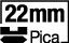 Schwarz-weißes Symbol für 22 mm Picatinny-Schienen mit stilisiertem Montageschienenprofil und Text „22 mm Pica“ unten rechts im Bild.