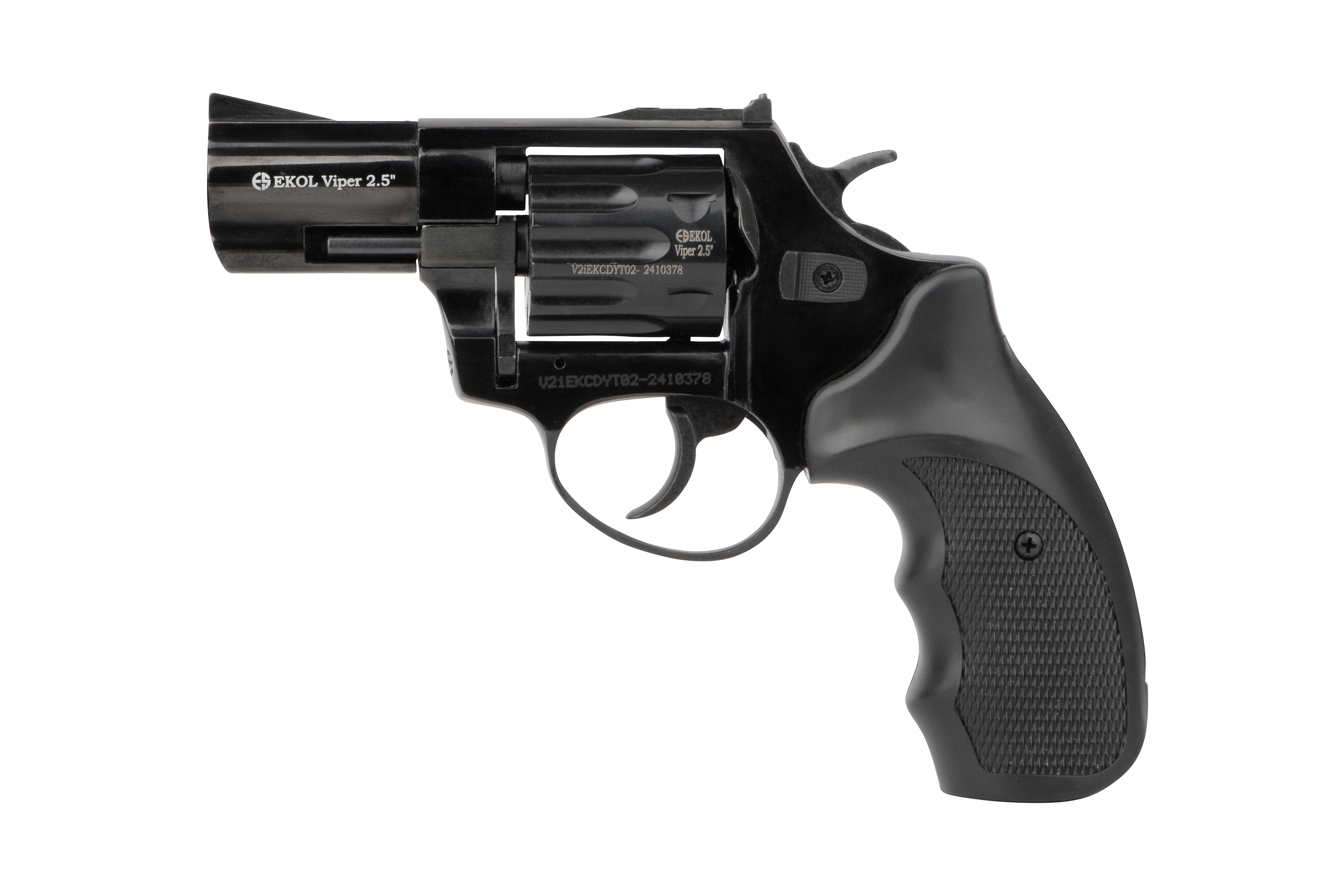 Schwarzer Ekol Viper 2,5-Zoll-Gasrevolver mit strukturiertem Griff, isoliert auf weißem Hintergrund zur Produktpräsentation.
