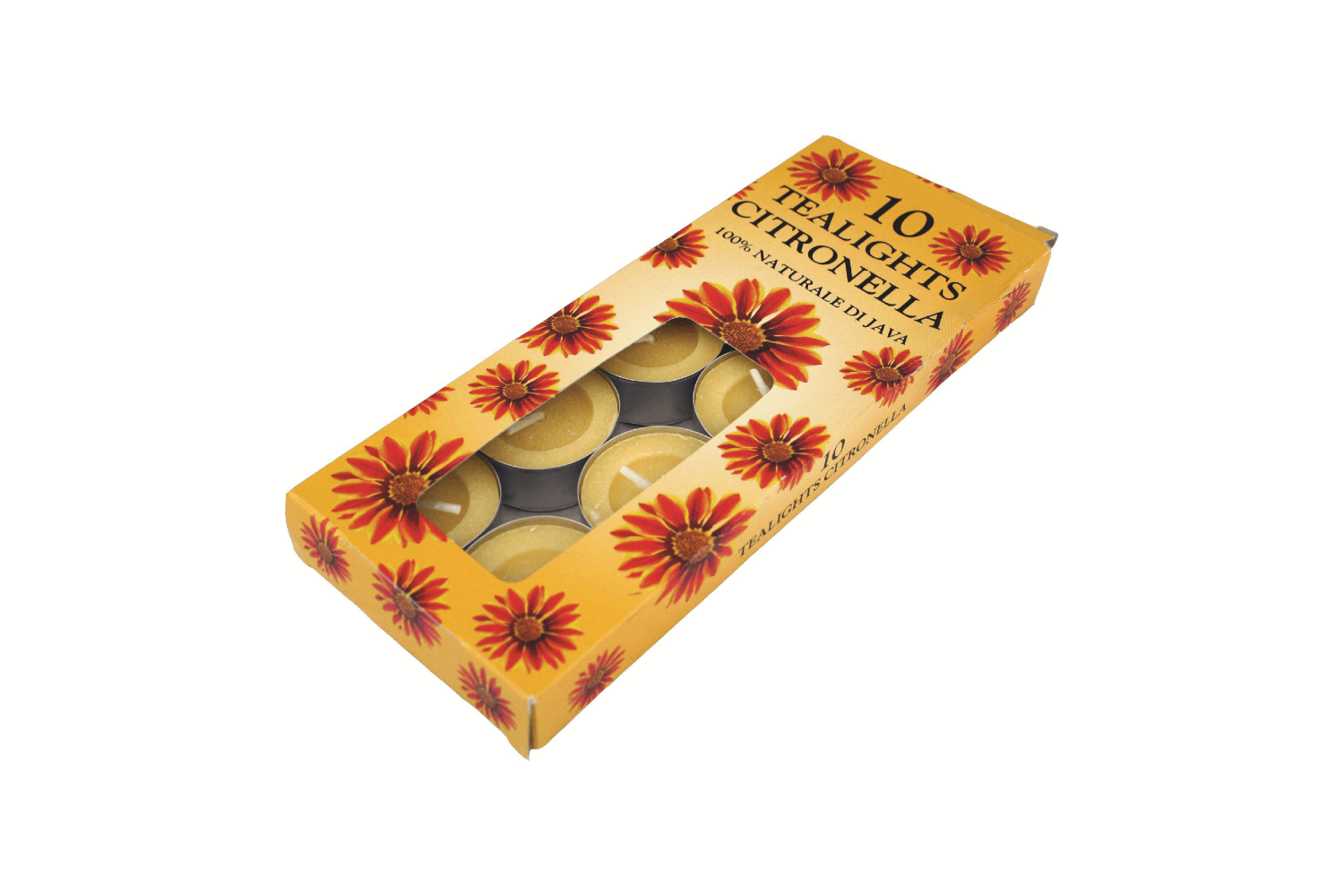 Eine Packung mit 10 Citronella-Teelichtern in einer gelben Schachtel mit roten Blumenmustern, isoliert auf weißem Hintergrund.