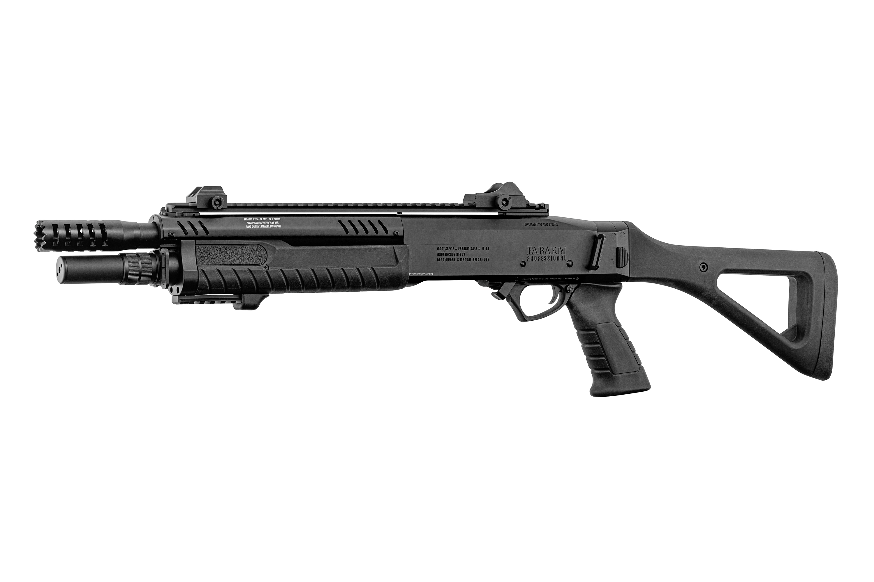 Fabarm Professionelle schwarze taktische Schrotflinte mit Kunststoffschaft, Pistolengriff und integriertem Schienensystem in der Seitenansicht.