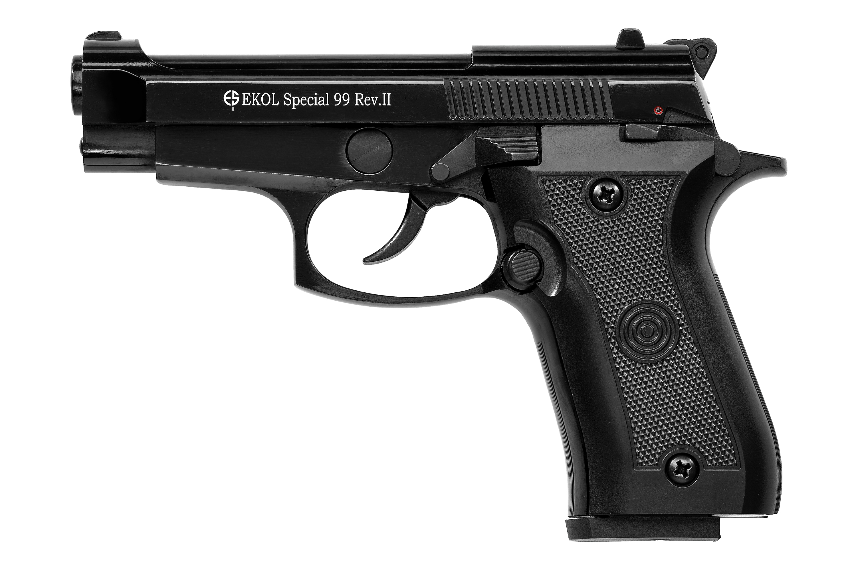 Schwarze EKOL Special 99 Rev.II Schreckschusspistole mit strukturiertem Griff, isoliert auf einem sauberen weißen Studiohintergrund.