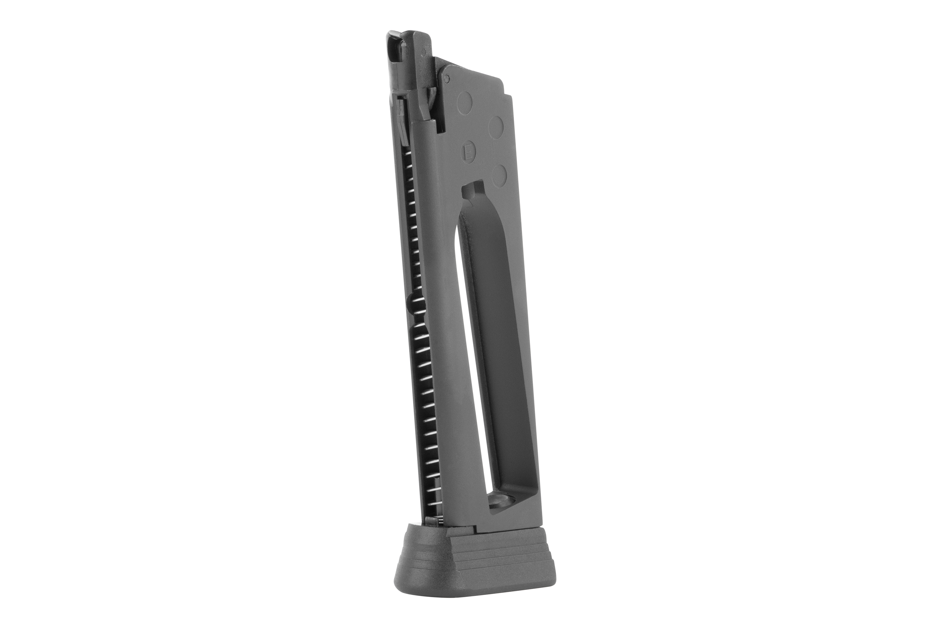 Schwarzes Luftpistolenmagazin aus Metall mit stabiler Grundplatte, isoliert vor einem schlichten weißen Hintergrund zur Produktansicht.