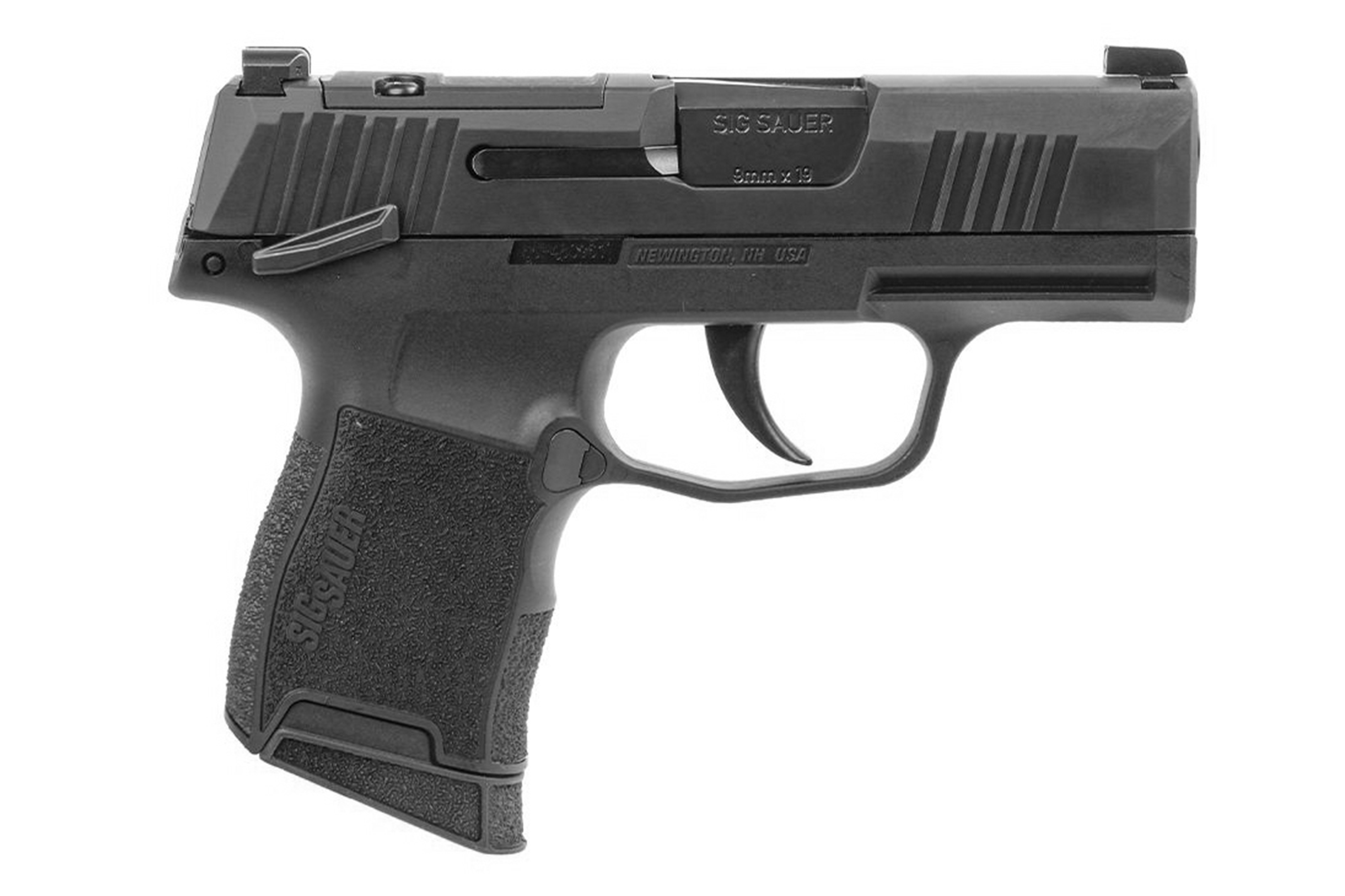 Kompaktpistole Sig Sauer P365 in Schwarz mit strukturiertem Griff und glattem Abzug für verbesserte Handhabung.