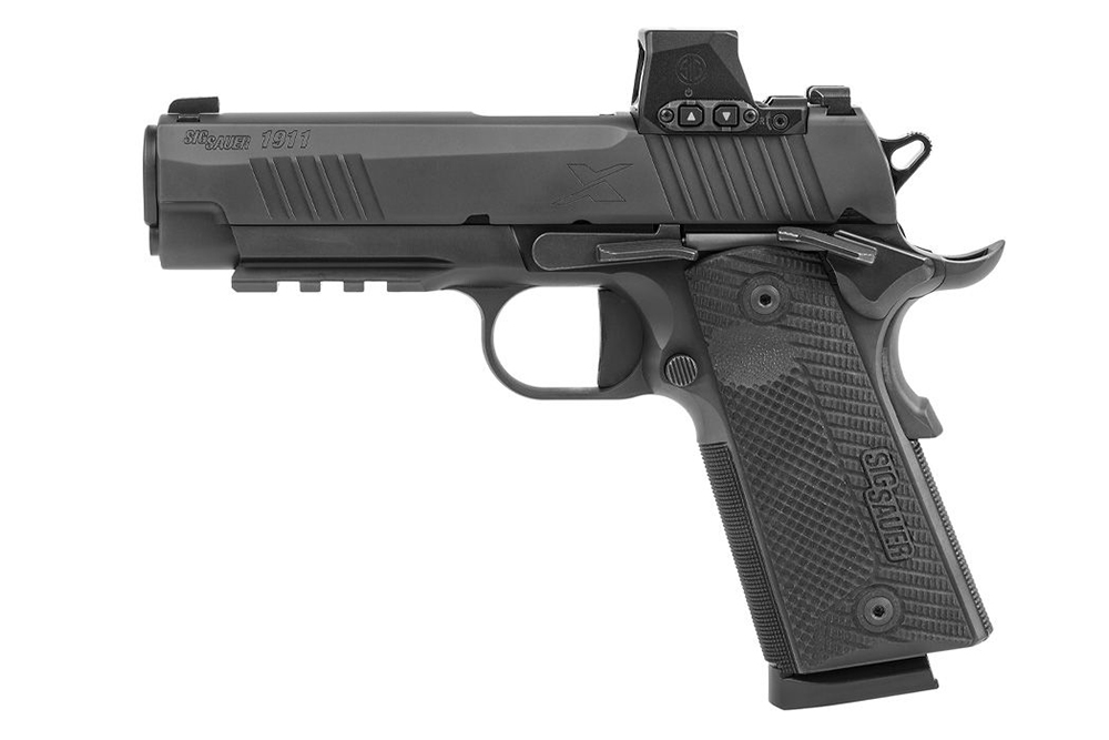 Sig Sauer 1911 Luftpistole mit schwarzem Finish und strukturiertem Griff, ausgestattet mit einem Leuchtpunktvisier.