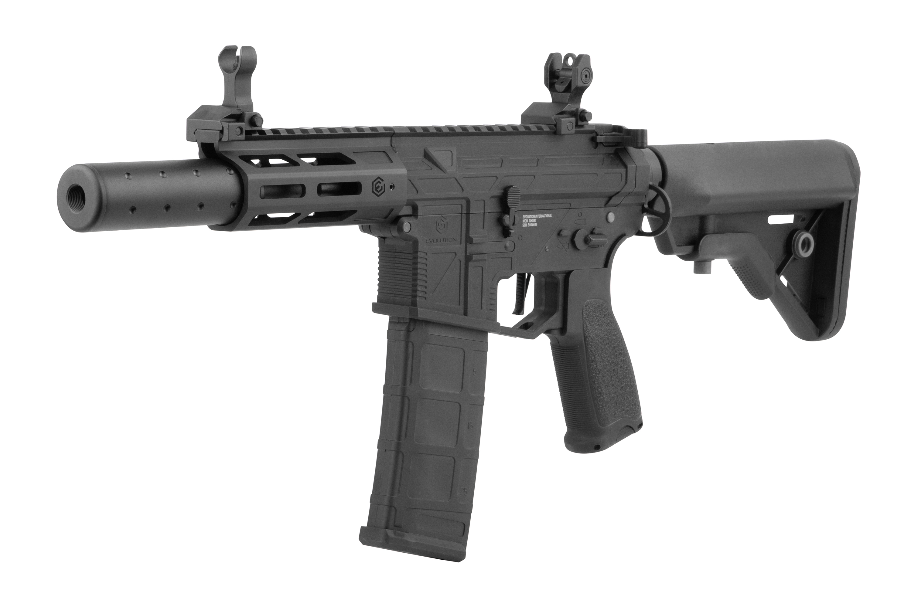Schwarzes Airsoft-Gewehr von Evolution International mit Schalldämpfer, verstellbarem Schaft und taktischem Schienensystem auf weißem Hintergrund.
