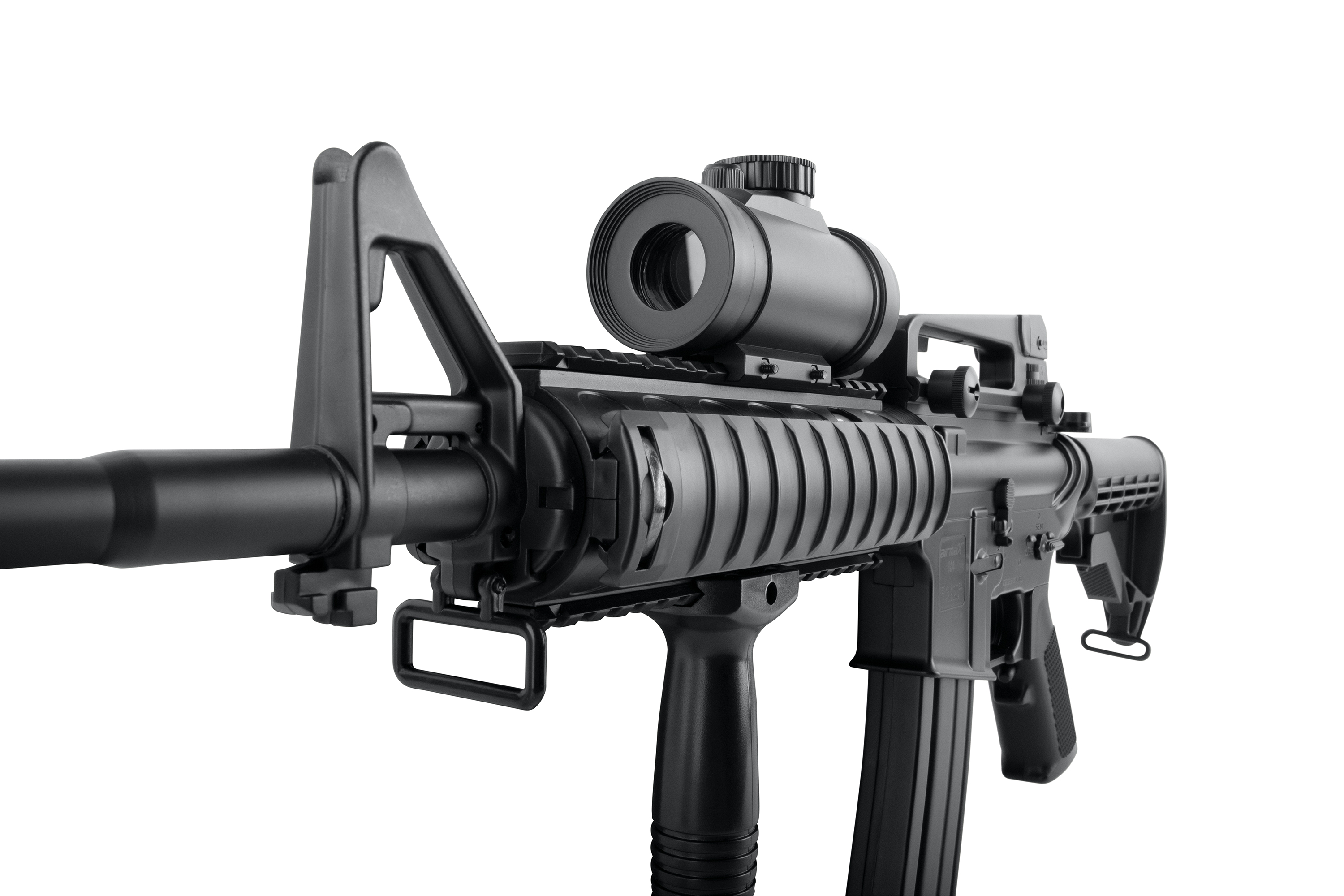 Schwarzes taktisches Luftgewehr mit montiertem Leuchtpunktvisier, Visierstange und vertikaler Vordergriffbefestigung.
