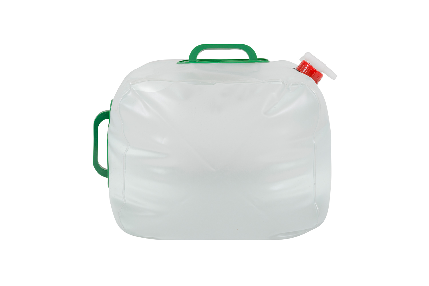 Ein zusammenklappbarer, transparenter Wasserkanister aus Kunststoff mit grünen Tragegriffen und einem roten Schraubverschluss zur Aufbewahrung.