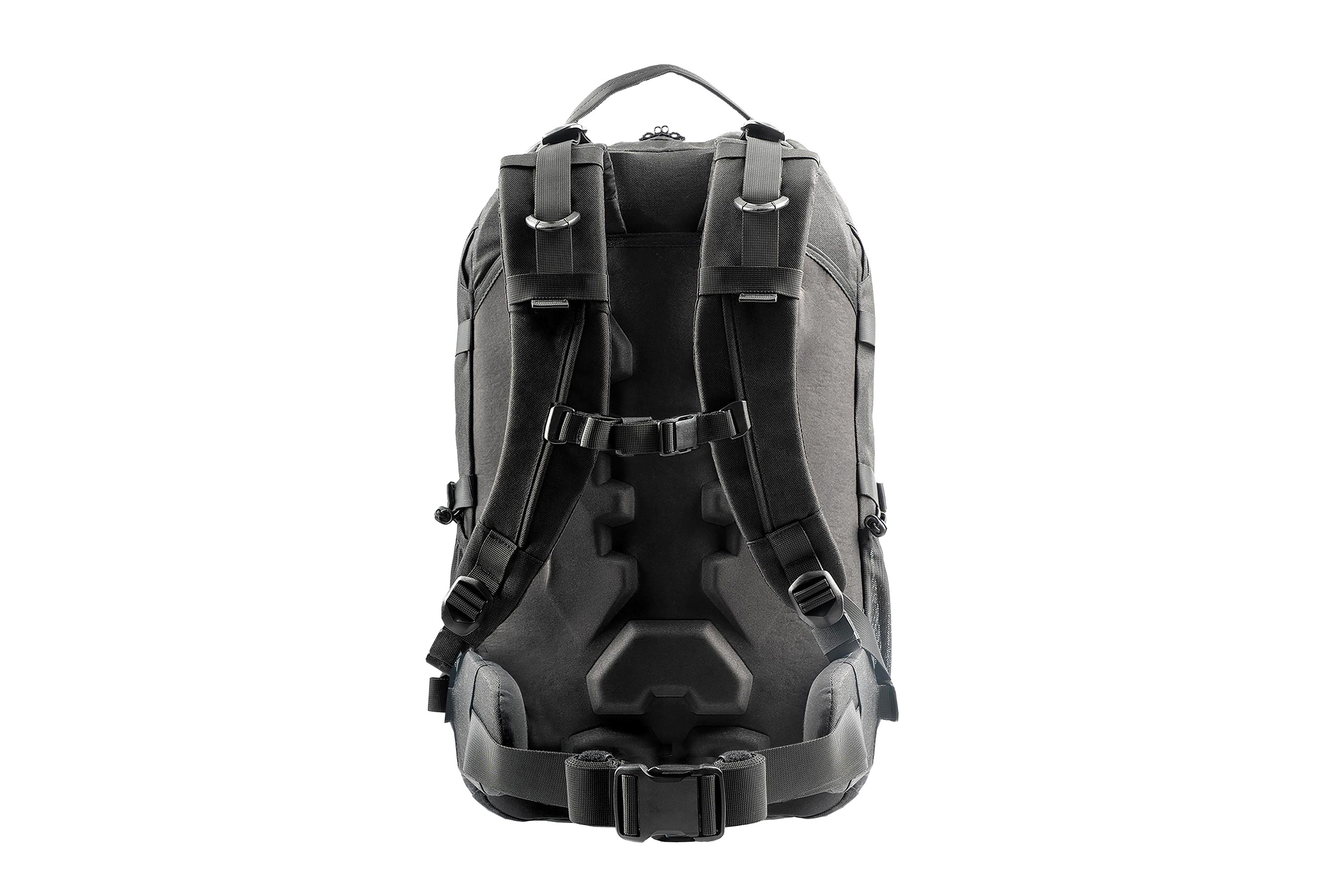 Rückansicht eines schwarzen taktischen Rucksacks mit verstellbaren, gepolsterten Schultergurten, Brustgurt und Hüftgurt.