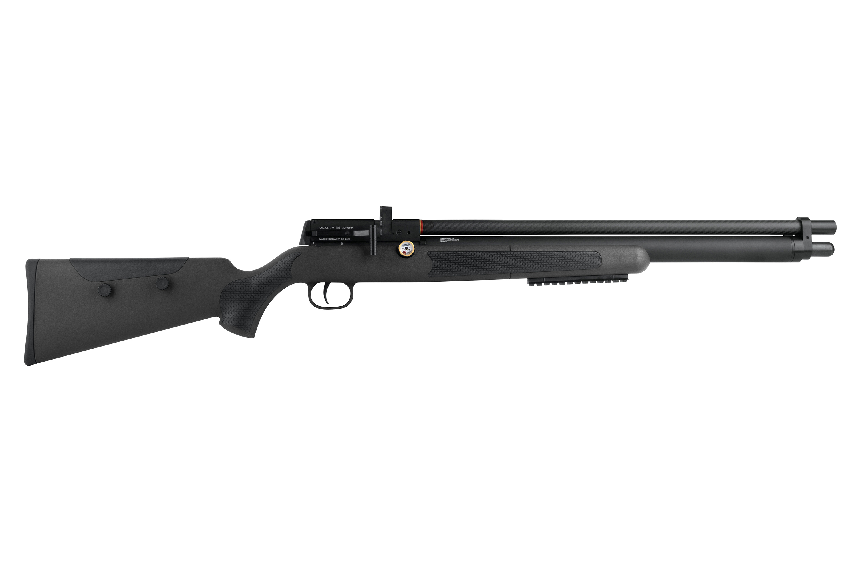 Schwarzes Walther Reign M2 Bullpup-Luftgewehr mit Kohlefaserlauf, Kunststoffschaft und integriertem Manometer.