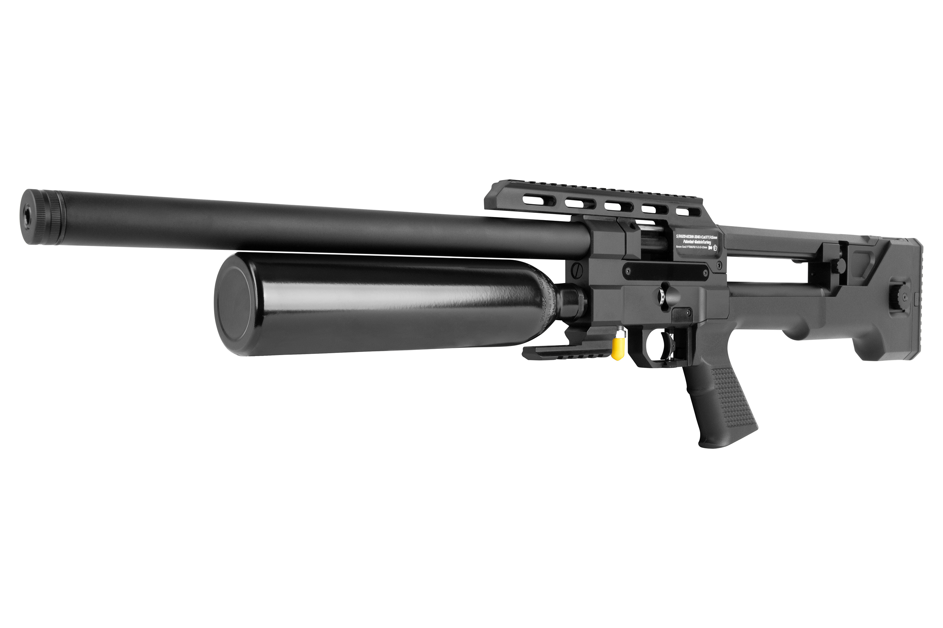 Schwarzes Luftgewehr mit elegantem Design, Schalldämpfer und verstellbarem Schaft für präzises Schießen.