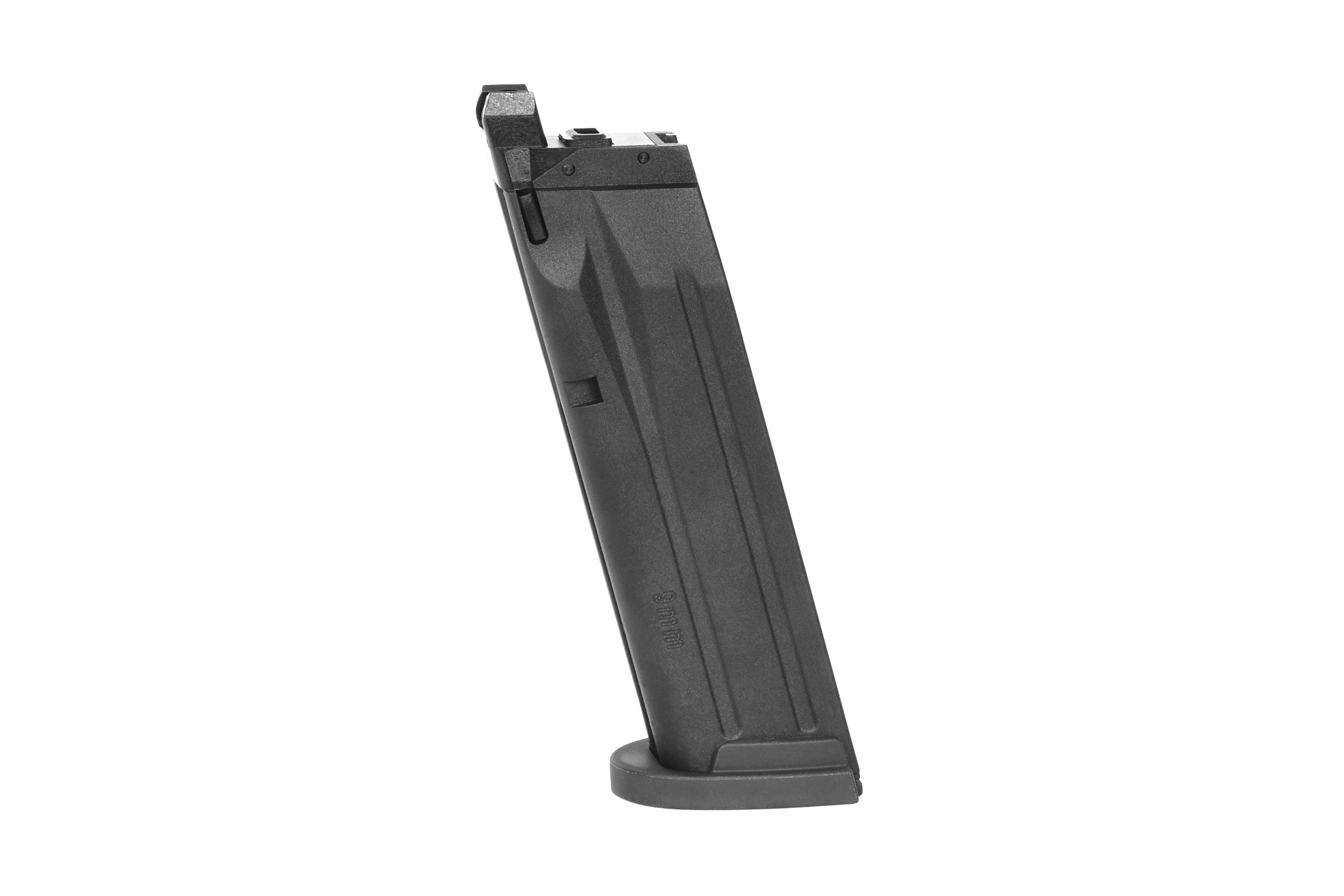Schwarzes Pistolenmagazin aus Metall für 9-mm-Munition, mit robuster Konstruktion und flacher Grundplatte, Seitenansicht.