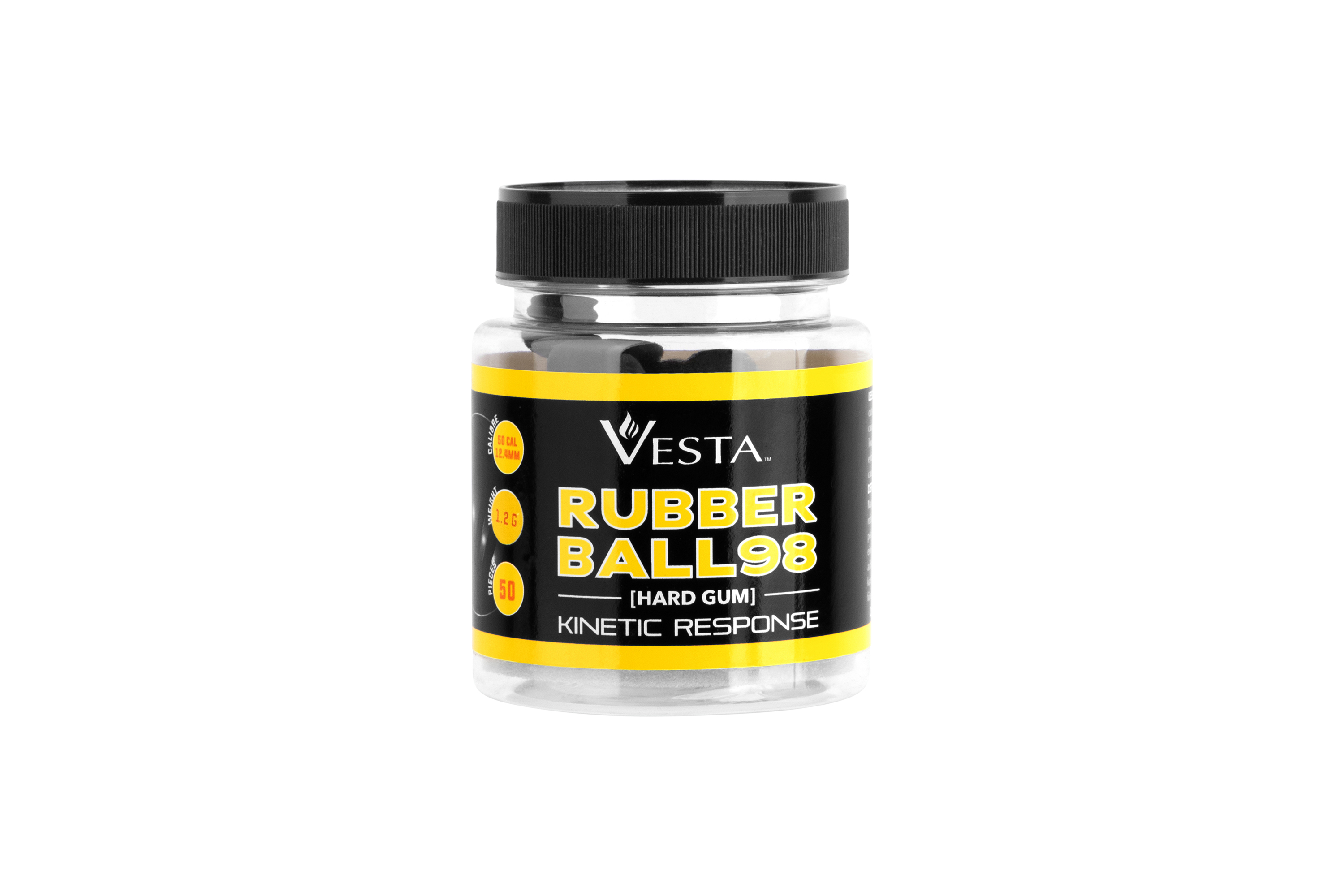 Ein durchsichtiges Plastikgefäß mit Vesta Rubber Ball 98-Hartgummigeschossen mit kinetischer Reaktion, das 50 Stück Kaliber .50 enthält.