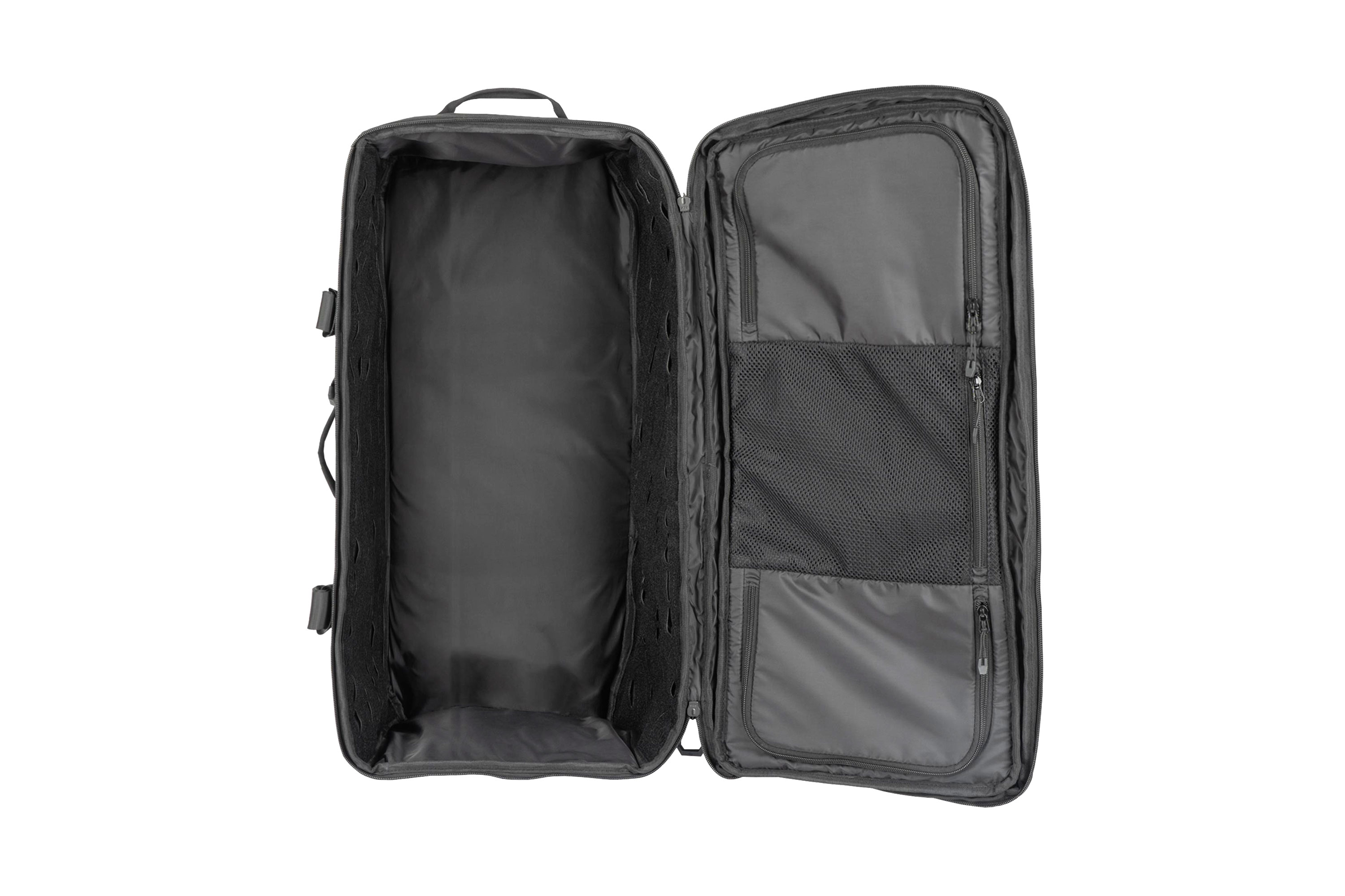 Offene schwarze Tasche für taktische Ausrüstung mit geräumigem Hauptfach und Netztaschen mit Reißverschluss am Deckel.