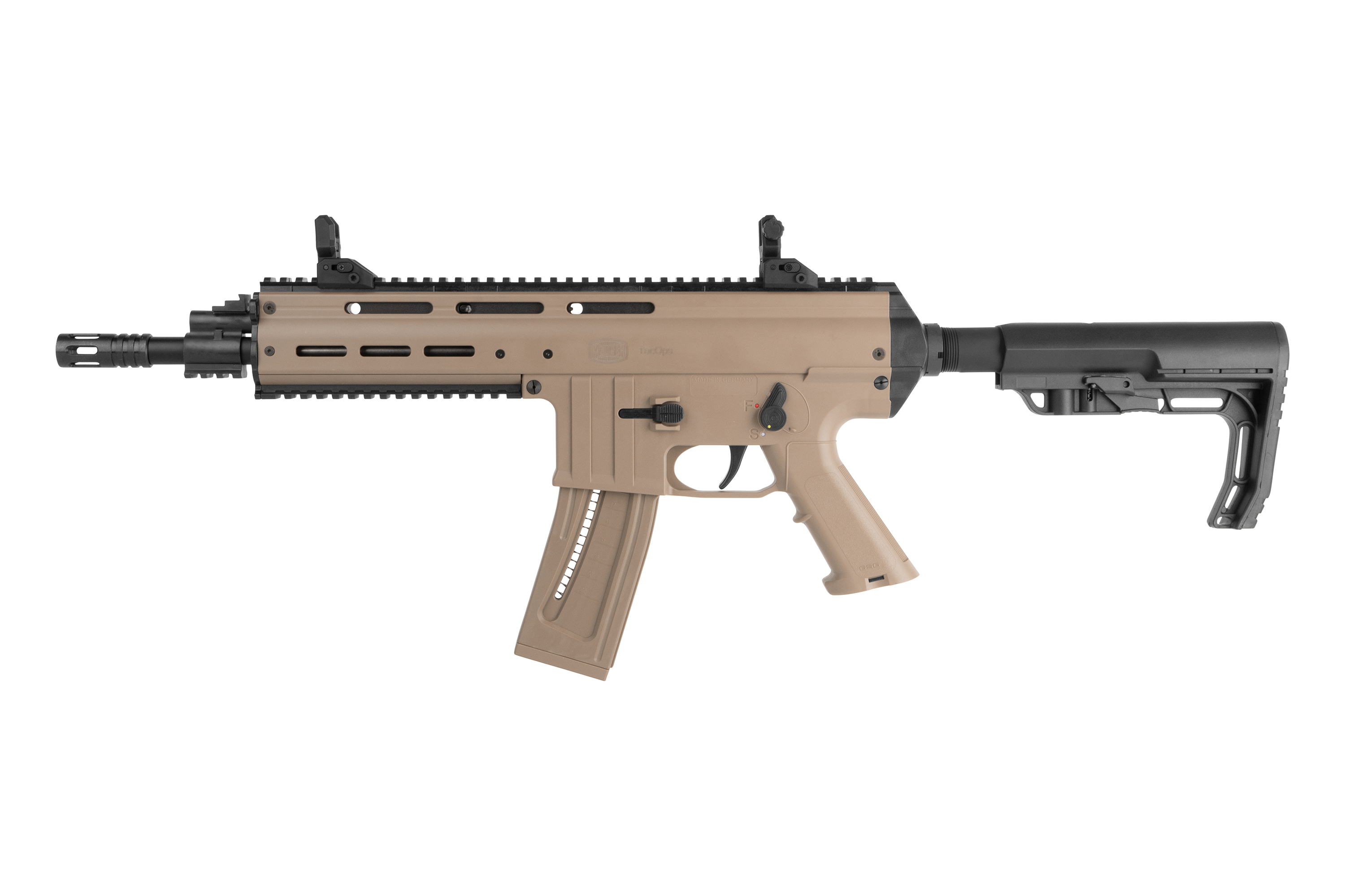 Hellbraunes Luftgewehr mit verstellbarem Schaft, Picatinny-Schiene und ergonomischem Griff für verbesserte Schussleistung.