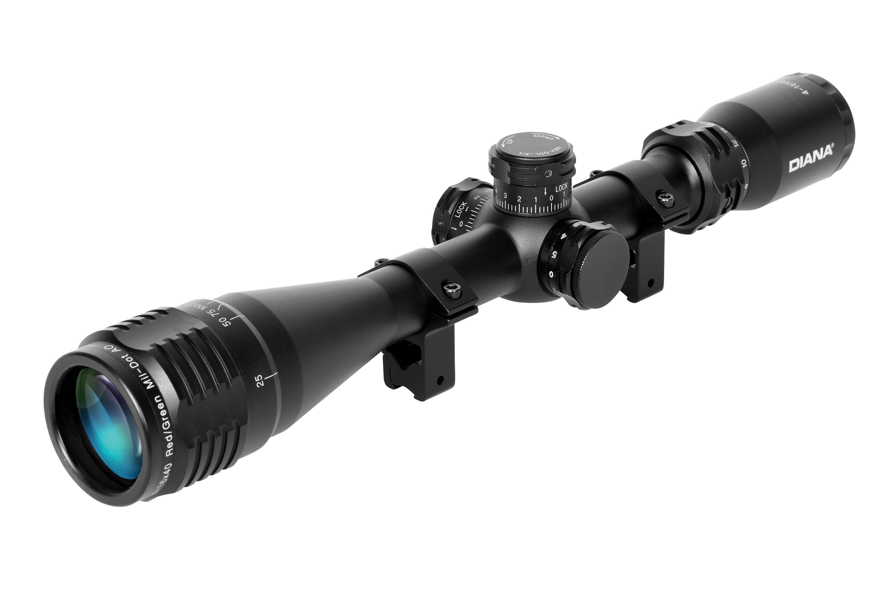 Schwarzes Zielfernrohr DIANA 4-16x40 AO mit rot/grünem Mil-Dot-Absehen, verstellbarem Objektiv und Montageringen im Lieferumfang enthalten.