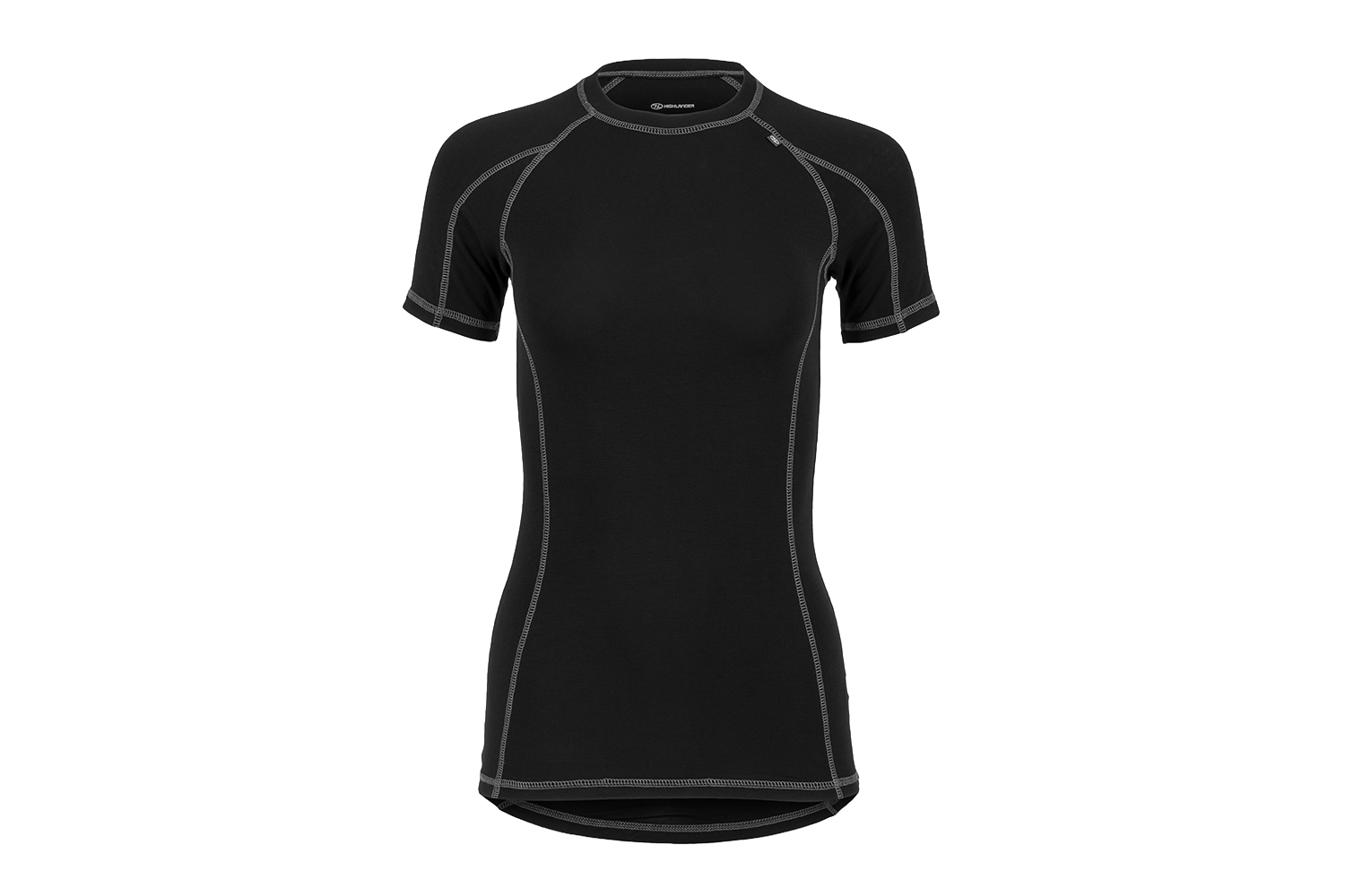 Highlander schwarzes kurzärmeliges Baselayer-Shirt für Damen mit sichtbaren grauen Flatlock-Nähten auf weißem Hintergrund.