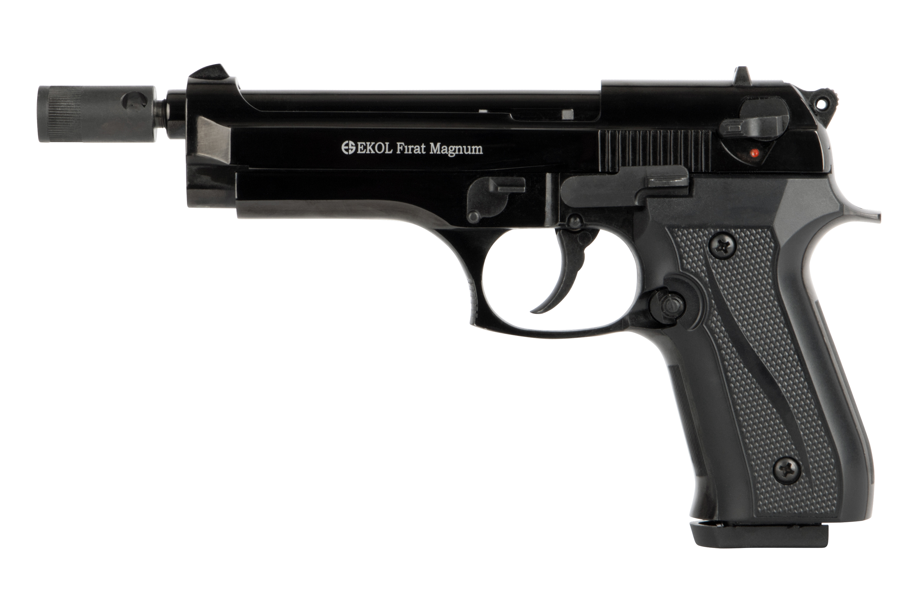 EKOL Firat Magnum Luftpistole in Schwarz mit strukturiertem Griff und Schalldämpferaufsatz.