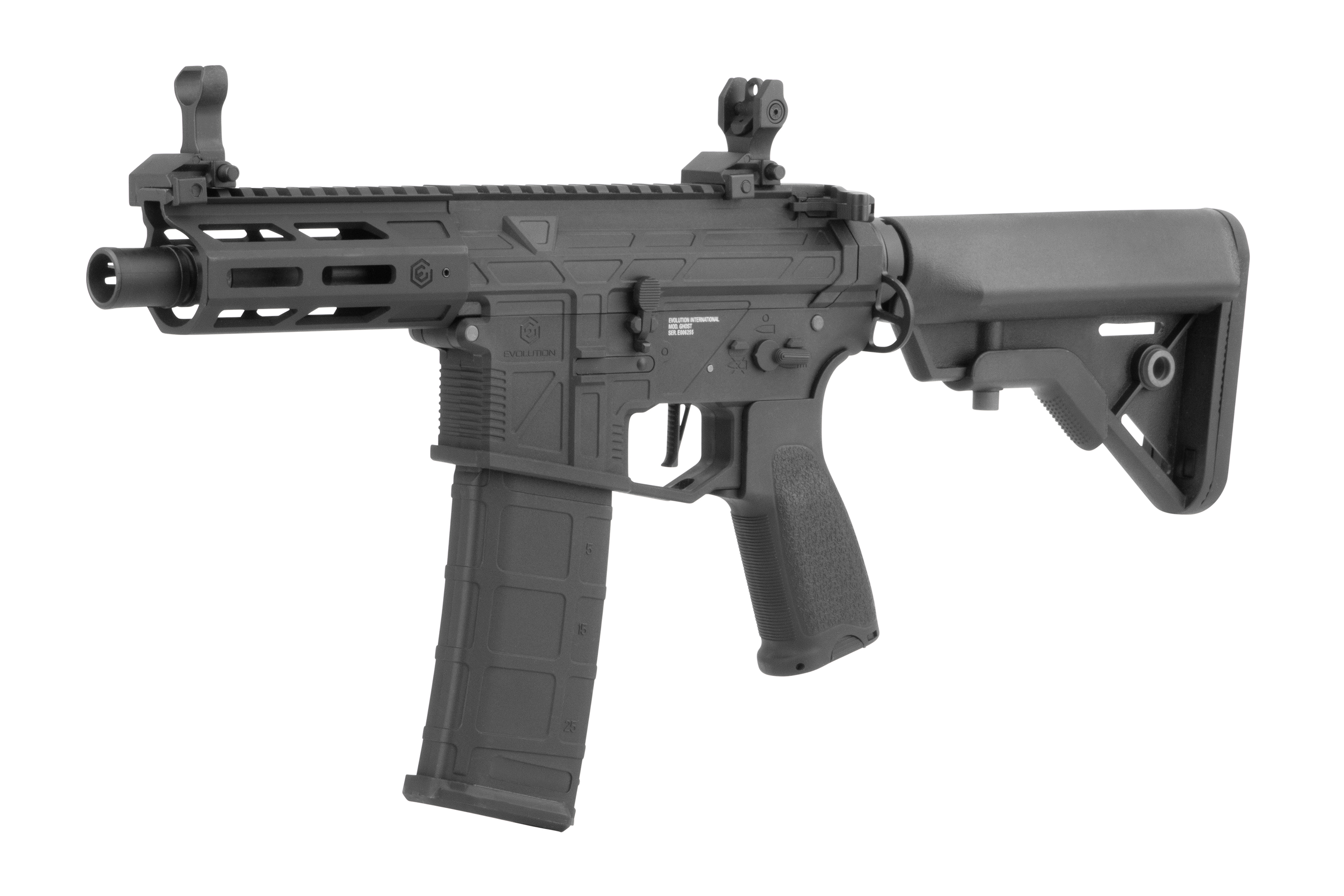 Schwarzes Airsoft-Gewehr Evolution International Ghost S mit verstellbarem Schaft, Polymermagazin und taktischem Eisenvisier.