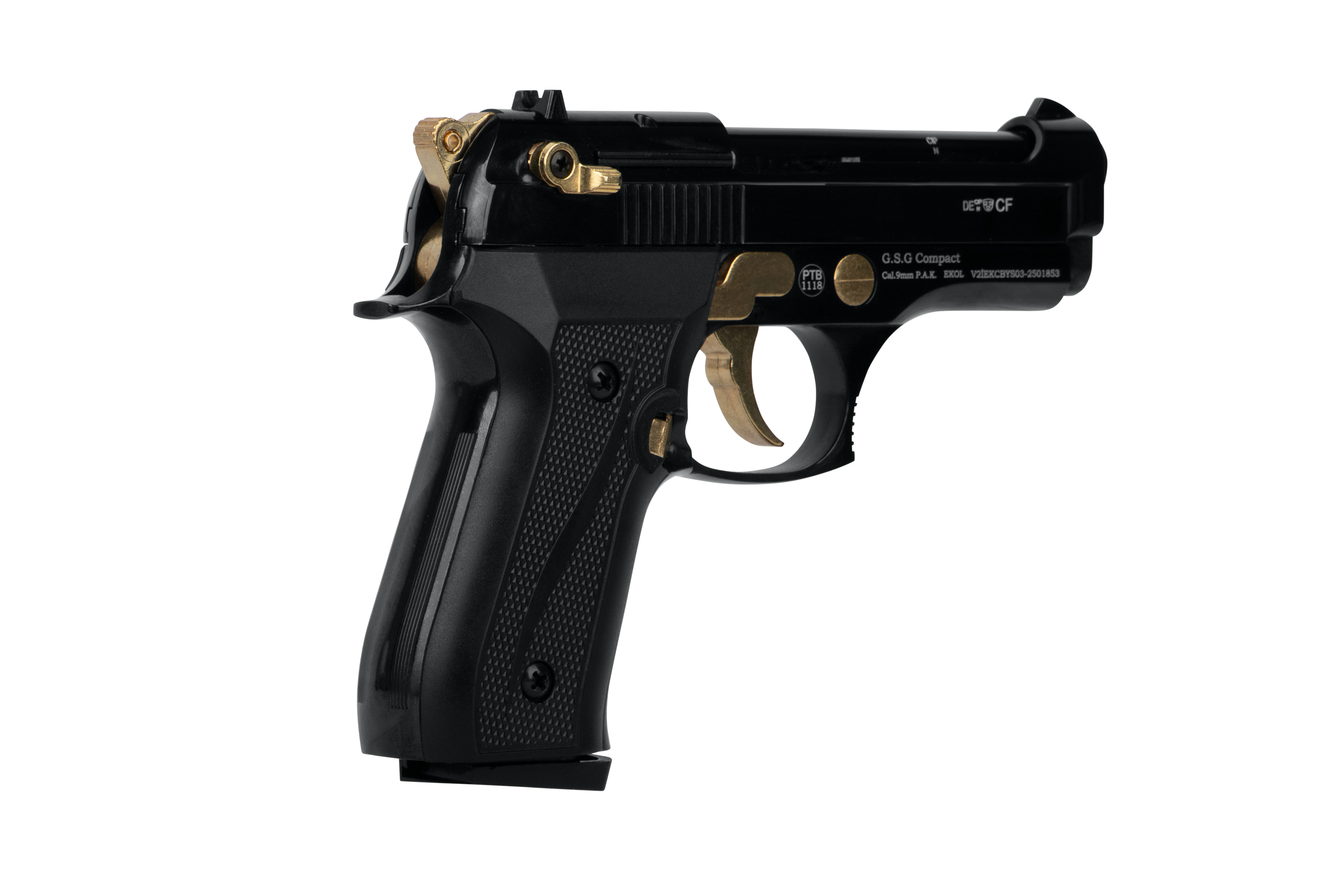 GSG Compact-Luftpistole mit schwarzem Finish und goldenen Akzenten, ideal für Schusswaffenliebhaber.