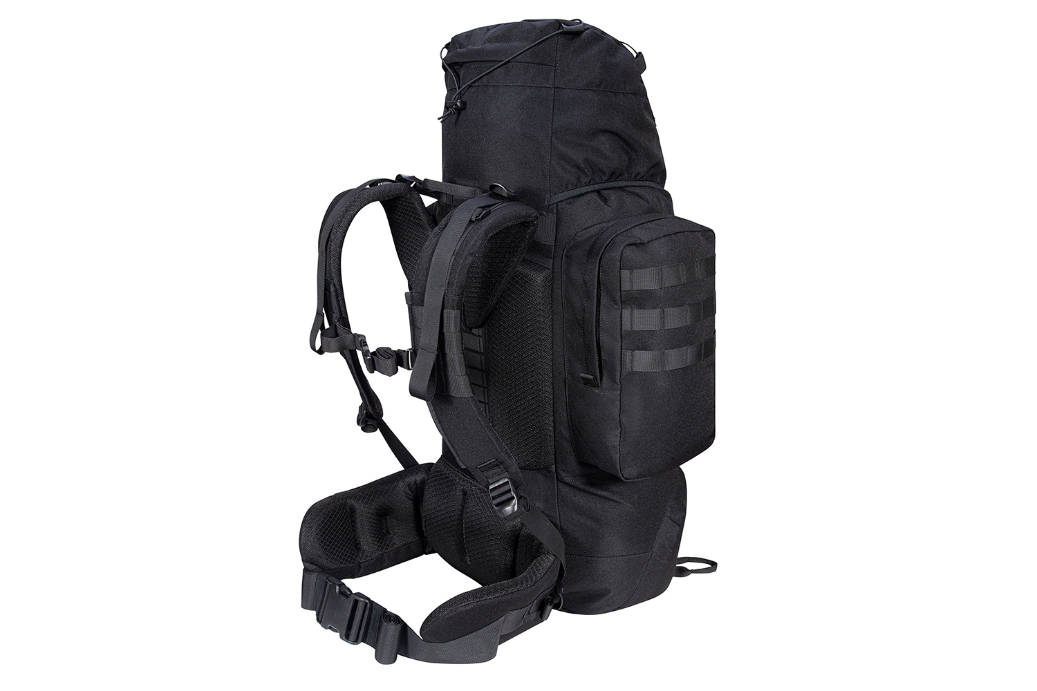 Schwarzer taktischer Rucksack mit gepolsterten Schultergurten, Hüftgurt und MOLLE-Gurtband für Outdoor-Ausrüstung und -Ausrüstung.
