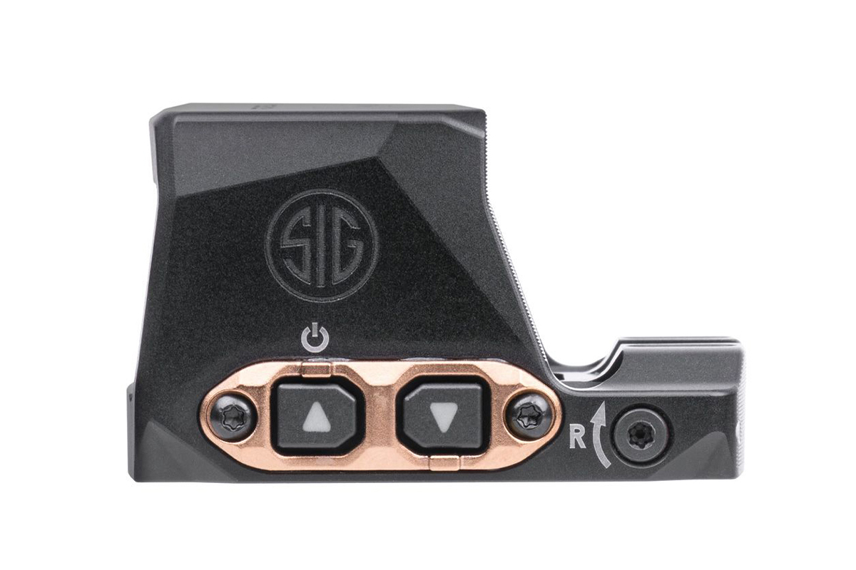 SIG Sauer Leuchtpunktvisier mit schwarzem Finish und Kupferknöpfen für verbesserte Zielgenauigkeit.