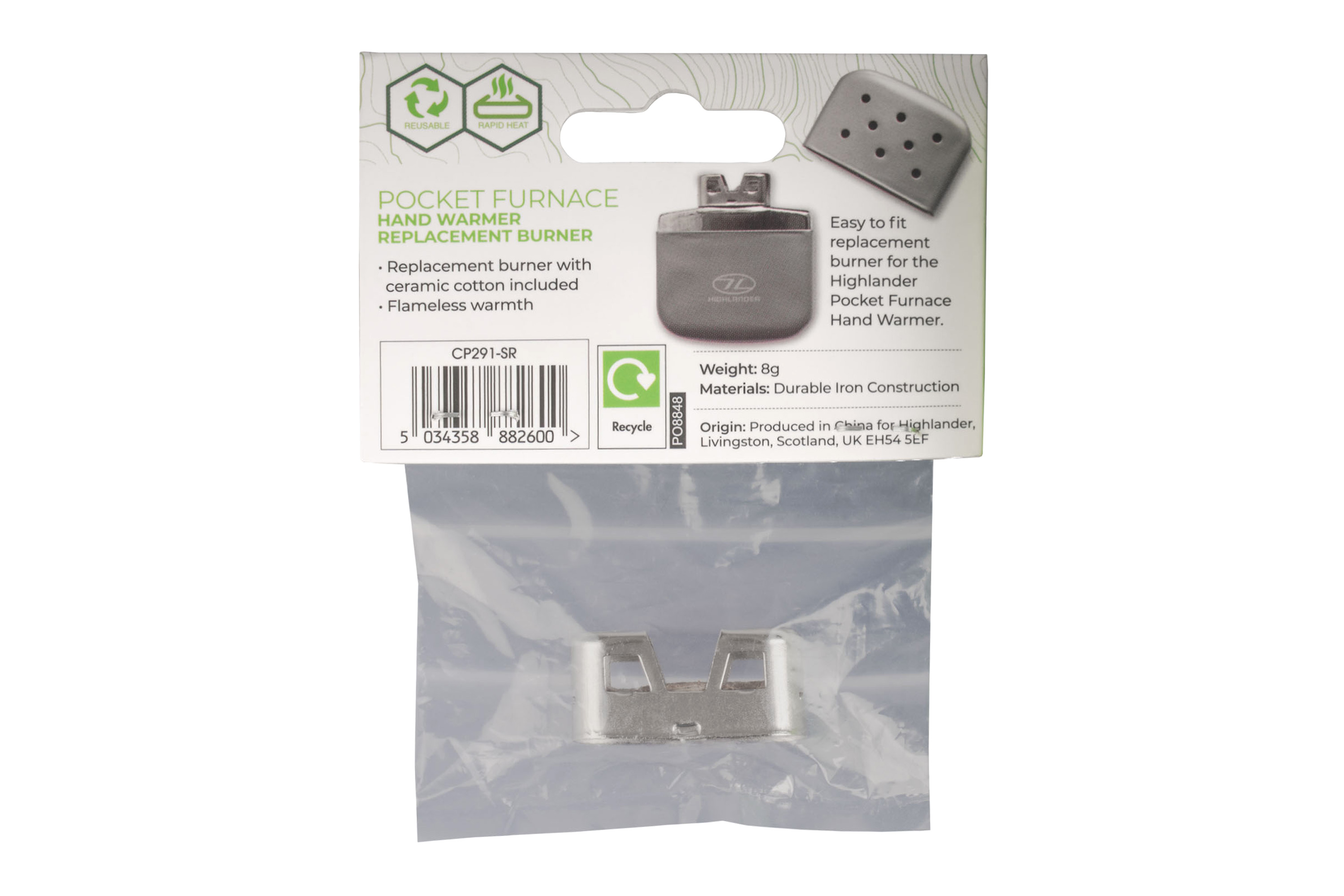 Highlander Pocket Furnace Handwärmer-Ersatzbrenner in Einzelhandelsverpackung mit robuster Eisenkonstruktion.