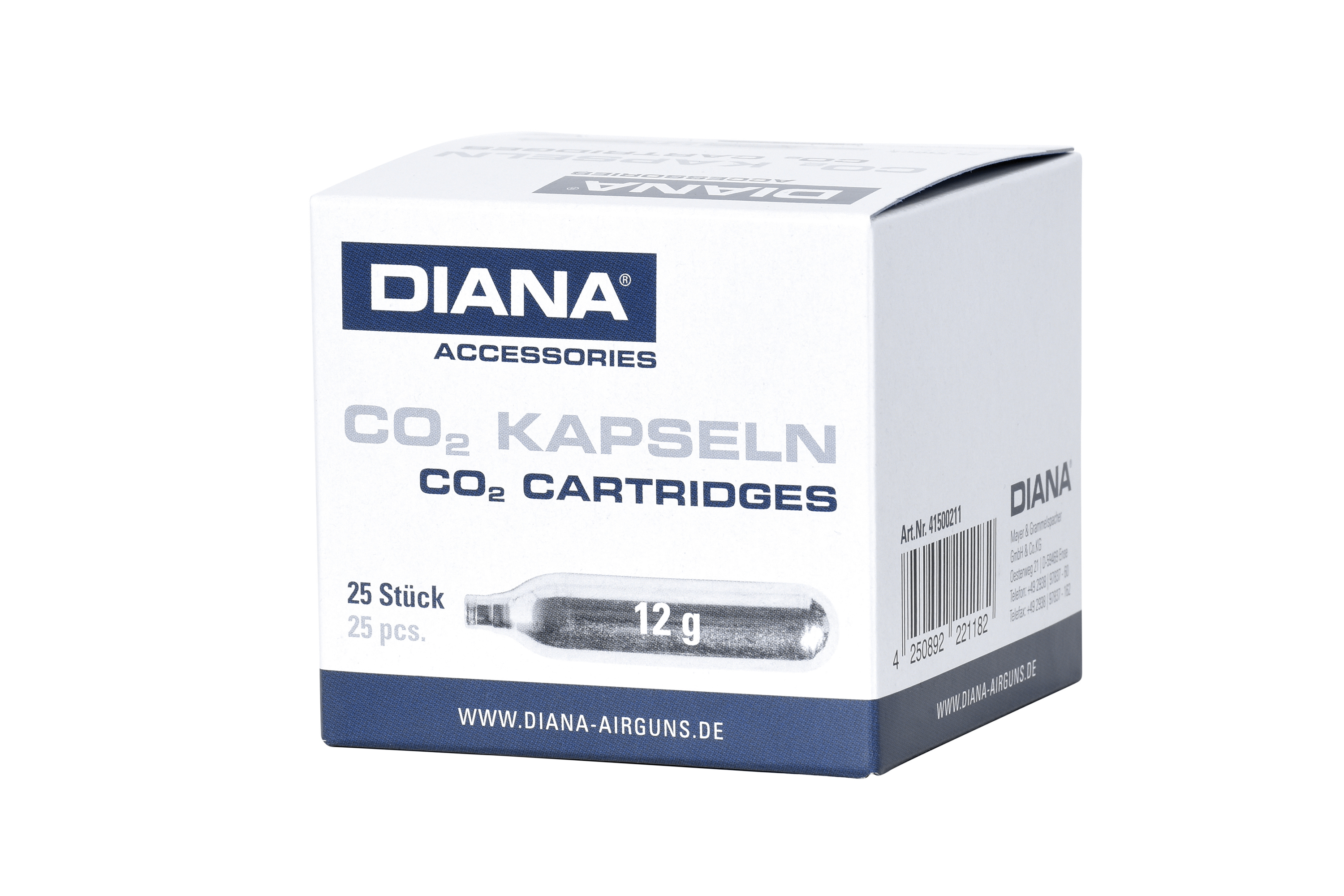 Eine weiße Schachtel mit 25 Diana 12g CO2-Patronen für Luftgewehre, mit blauem Logo und klaren Produktinformationsetiketten.
