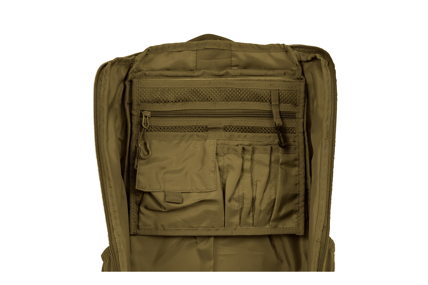 Innenansicht eines olivgrünen taktischen Rucksacks mit organisierten Netztaschen, Reißverschlussfächern und Beuteln.