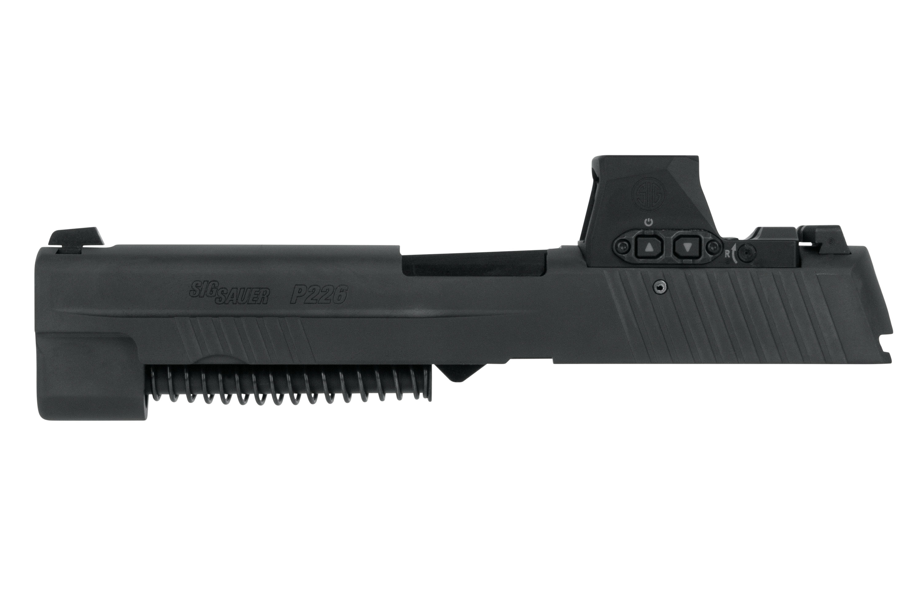 SIG Sauer P226 Schlittenbaugruppe mit integriertem Leuchtpunktvisier, elegantem schwarzem Finish und präzisen Bedienelementen.