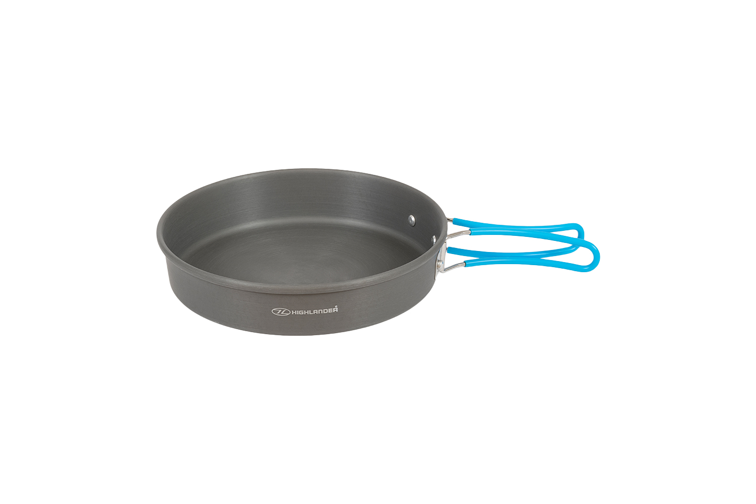Highlander Camping-Bratpfanne in Dunkelgrau mit klappbaren, leuchtend blauen Griffen, ideal für Outdoor-Kochgeräte.