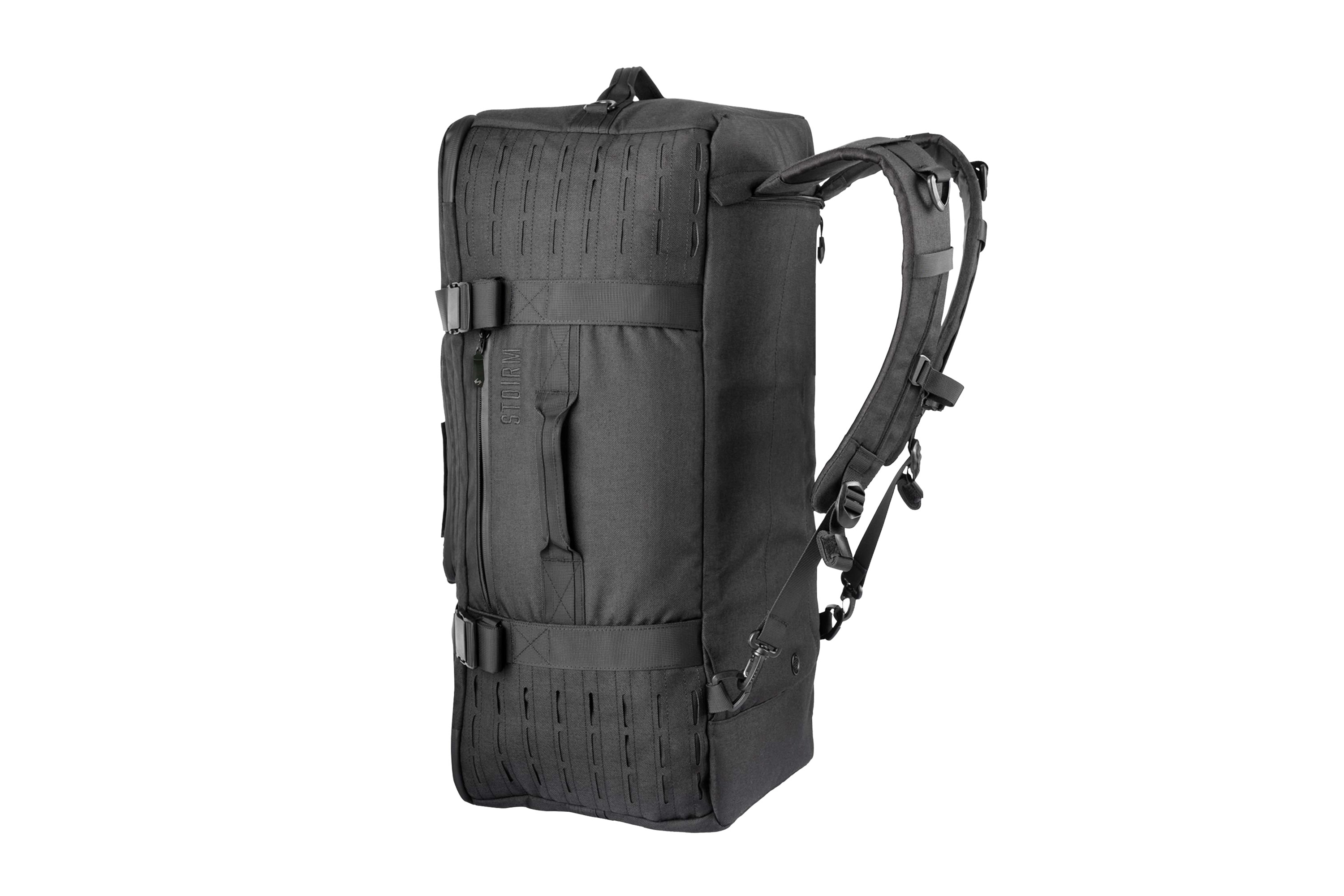 Schwarzer taktischer Storm-Rucksack mit MOLLE-Gurtband, verstellbaren Schultergurten und Tragegriff für Outdoor-Ausrüstung.