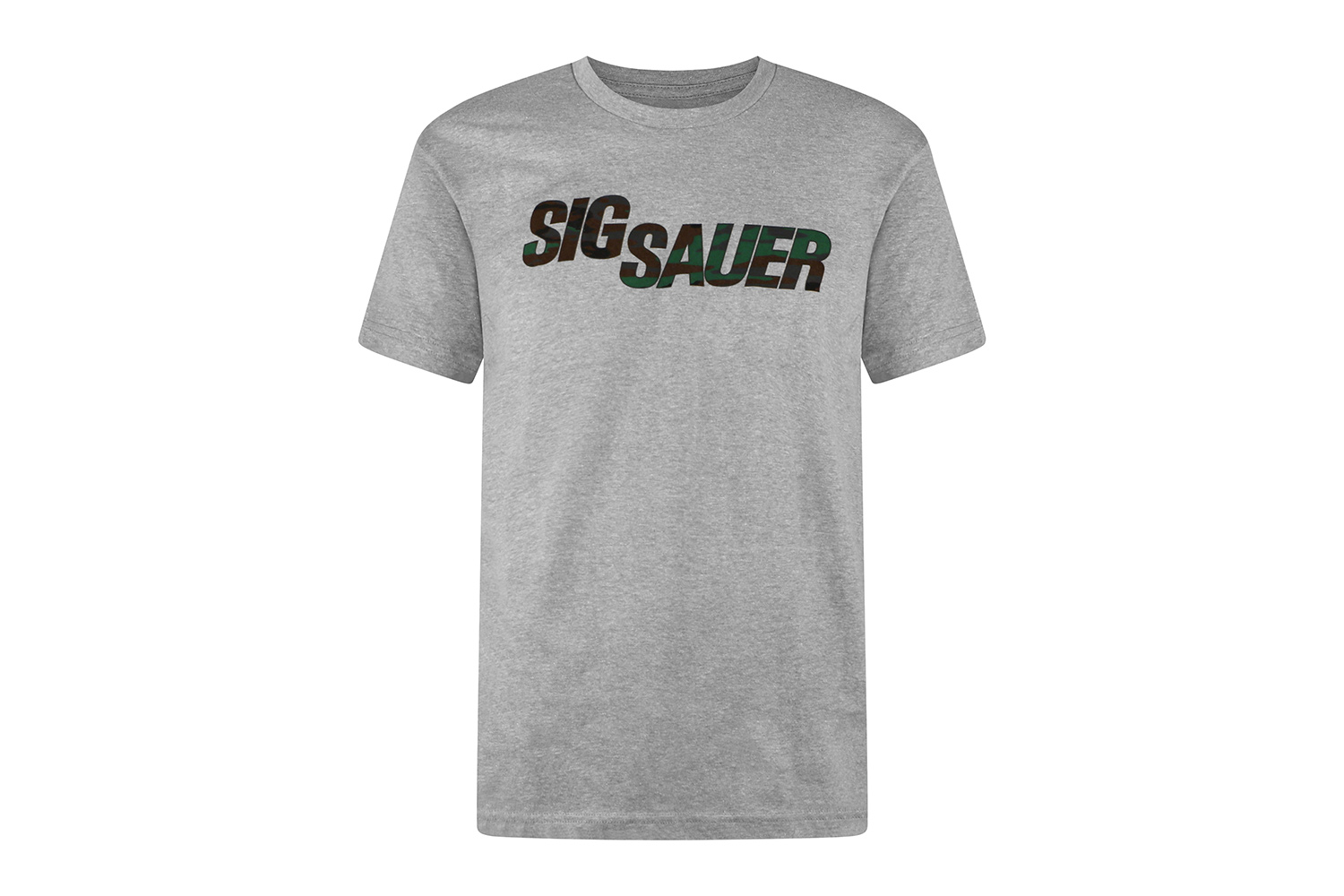 Graues SIG Sauer-T-Shirt mit auffälligem Logo-Design, perfekt für Schusswaffen-Enthusiasten.