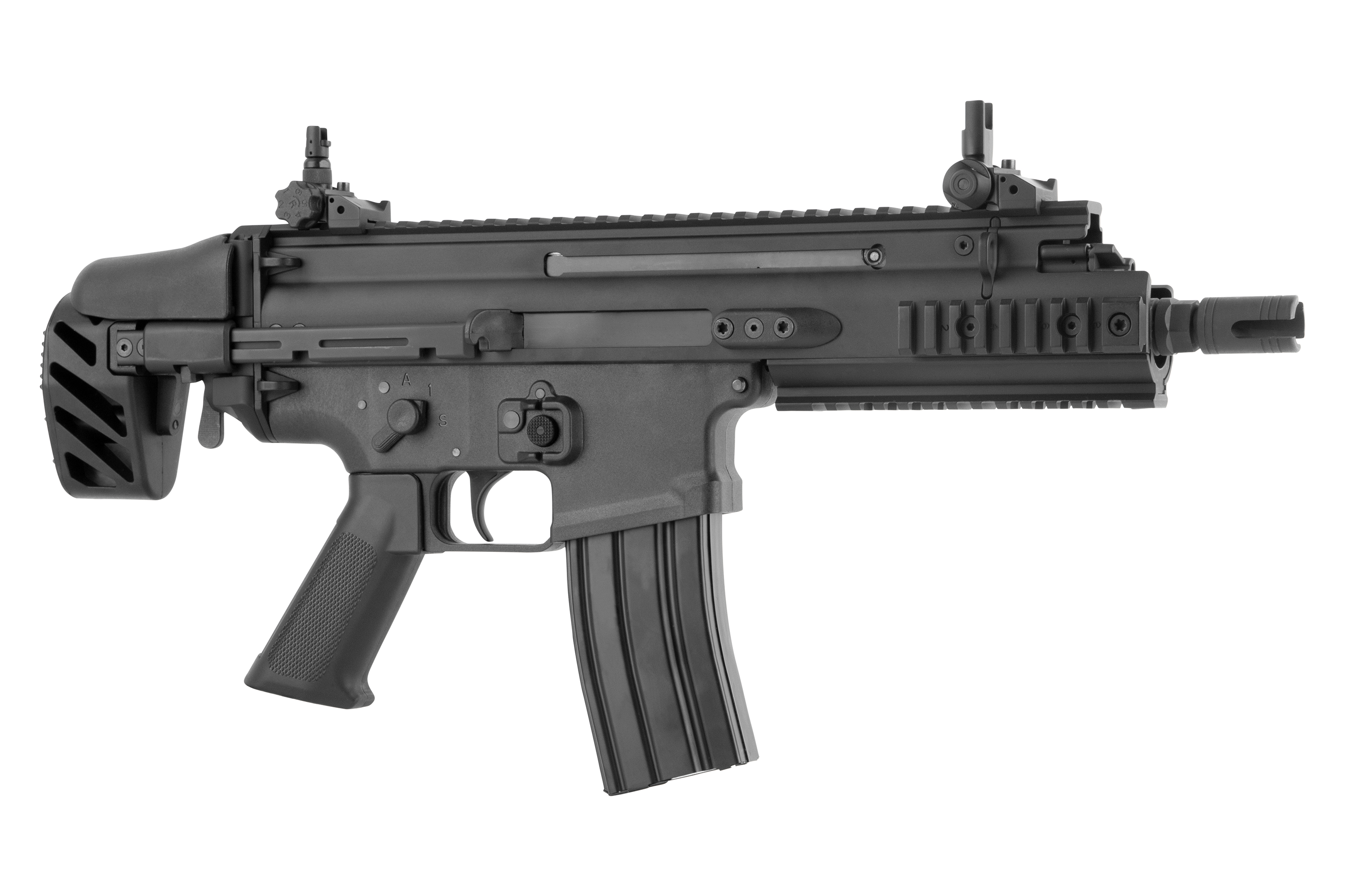 Schwarzes FN Herstal SCAR-L Airsoft-Gewehr mit taktischen Schienen, verstellbarem Schaft und Magazin auf weißem Hintergrund.