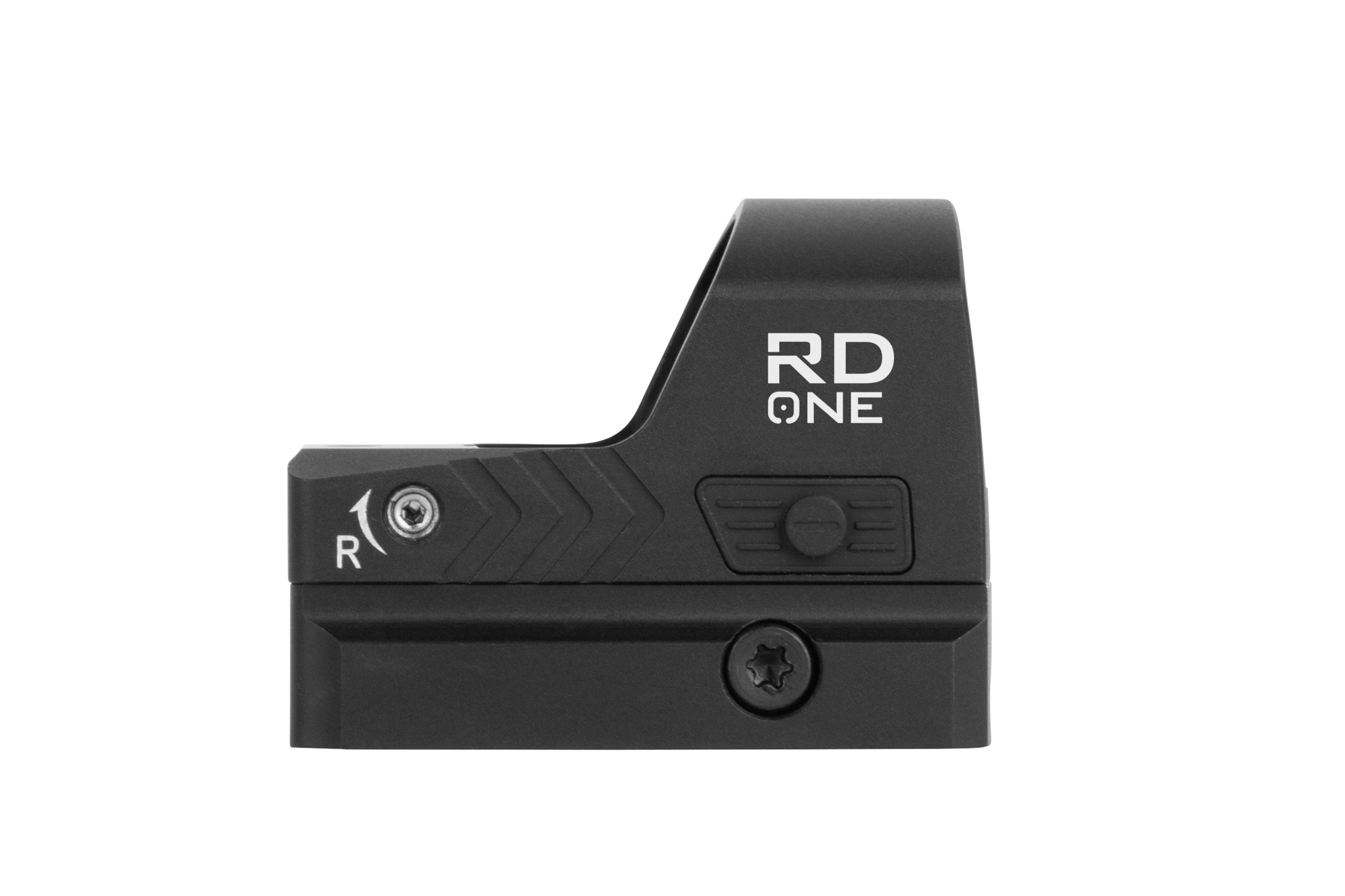 Schwarzes RD ONE-Reflex-Leuchtpunktvisier für Schusswaffen mit seitlicher Einstellschraube und kompaktem, langlebigem Gehäuse.